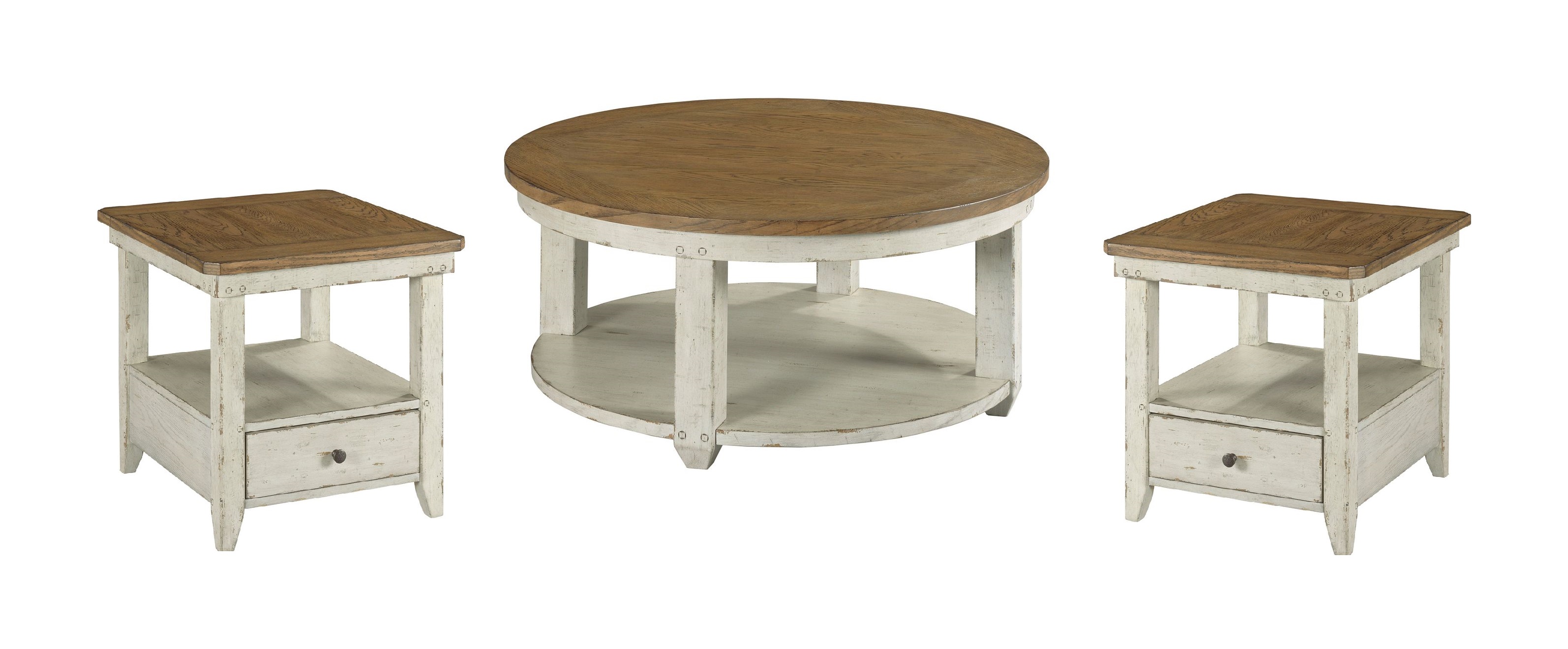 Hammary Chambers Medium Brown Rustic White Round 3pc Coffee Table Set