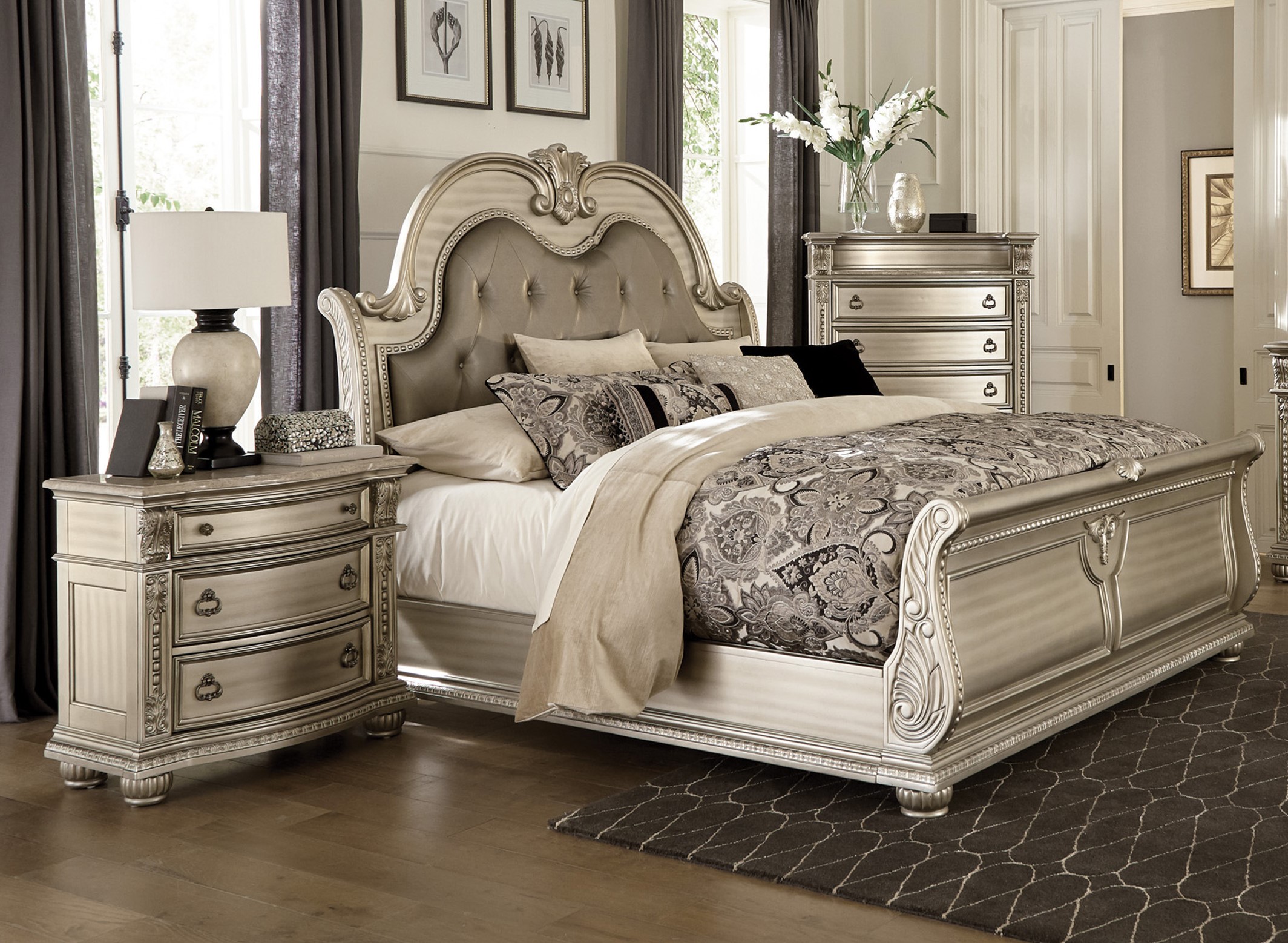 Home Elegance Cavalier Gold Silver Champagne 2pc Bedroom Set With Queen Bed