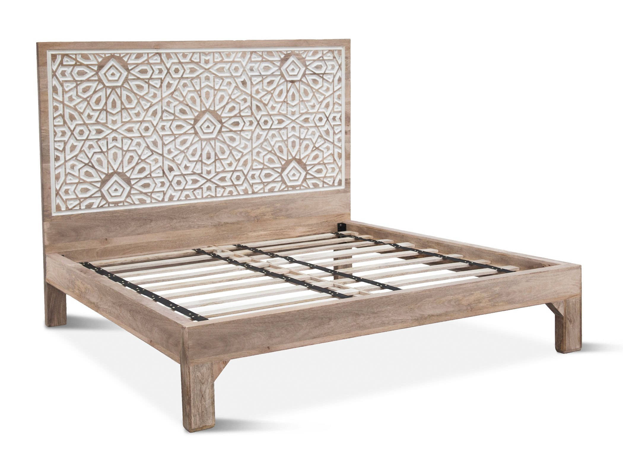 World Interiors Haveli Natural White Geometric Carved King Bed