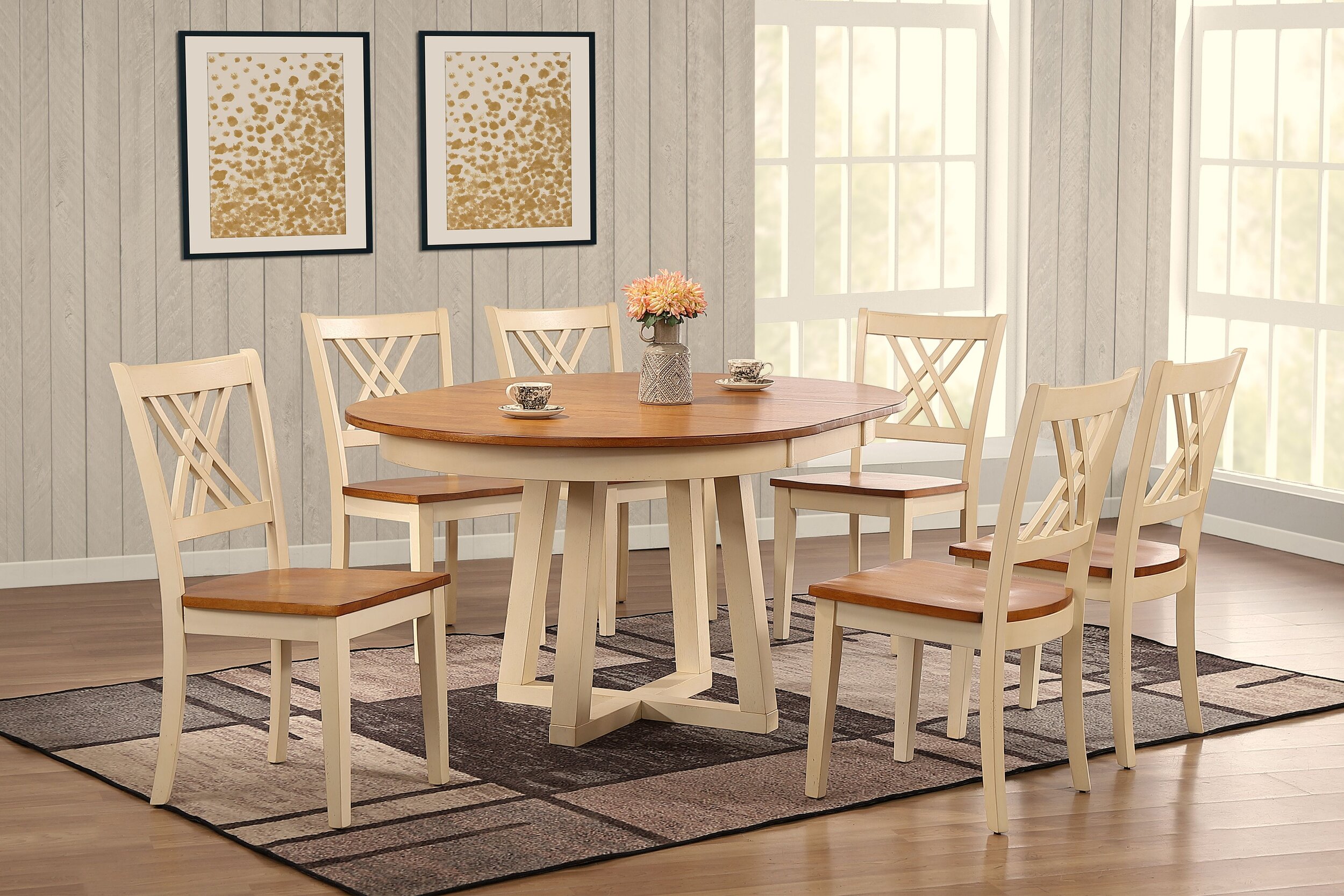 Iconic Furniture Caramel Biscotti Transitional 7pc Cross Pedestal Dining Se...