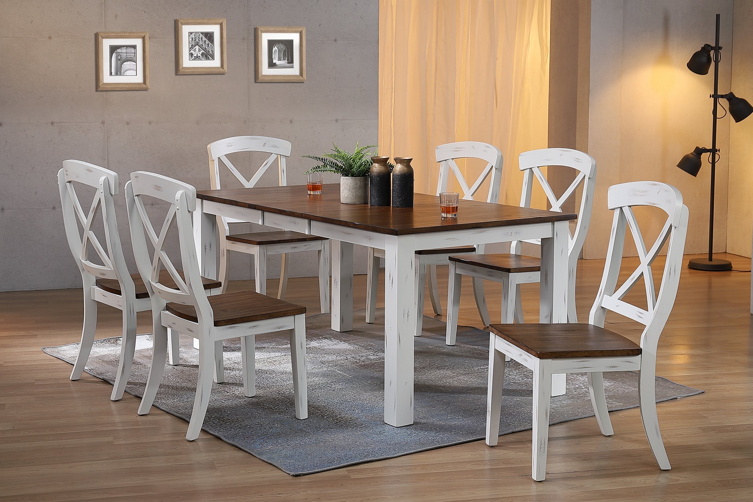 Iconic Furniture Distressed Cocoa Brown White Transitional 7pc Dining Set