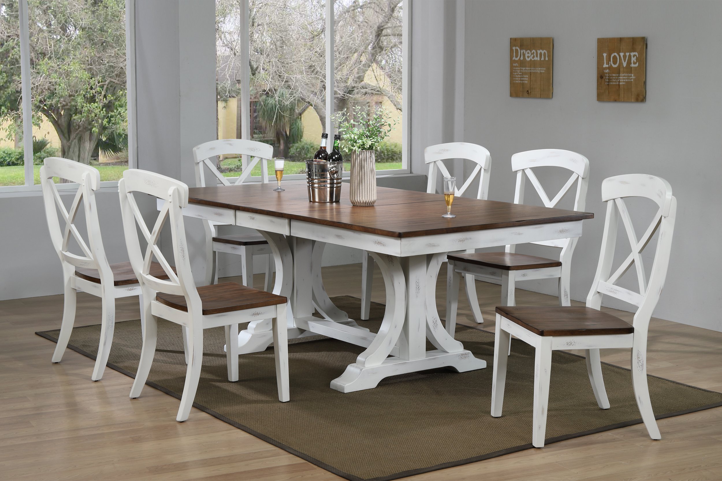 Iconic Furniture Distressed Brown White Double Pedestal 7pc Dining Set