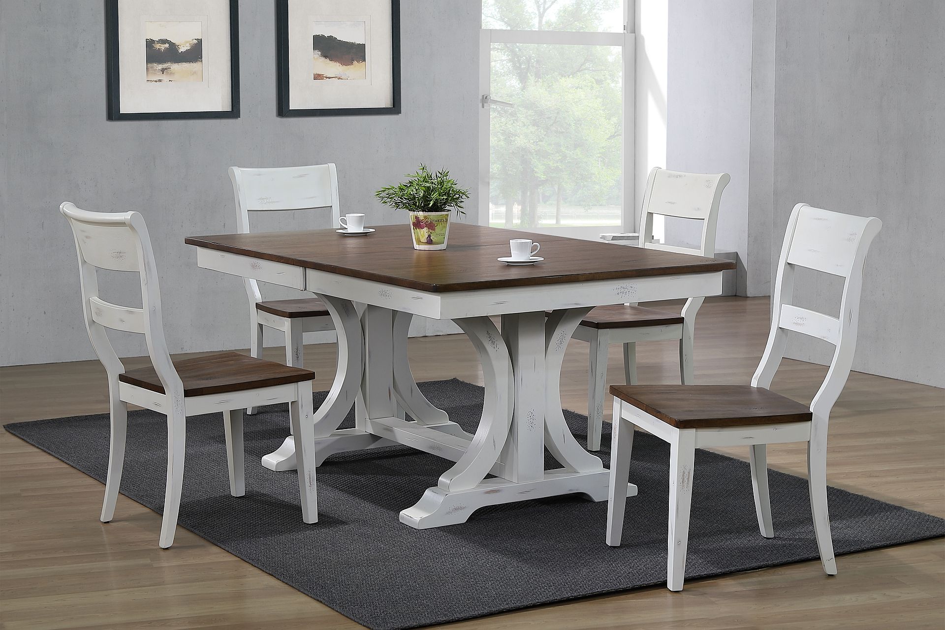 Iconic Furniture Distressed Cocoa Brown White Double Pedestal 5pc Dining Se...
