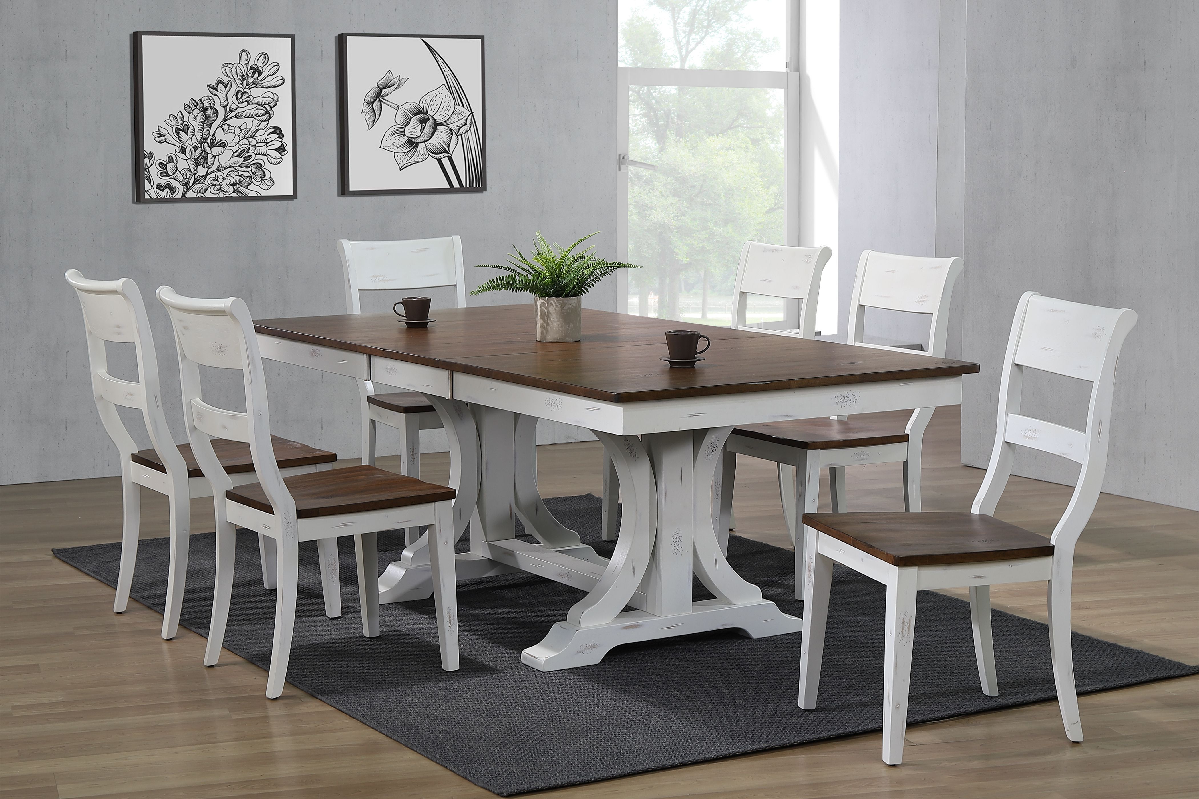 Iconic Furniture Distressed Cocoa Brown White Double Pedestal 7pc Dining Se...
