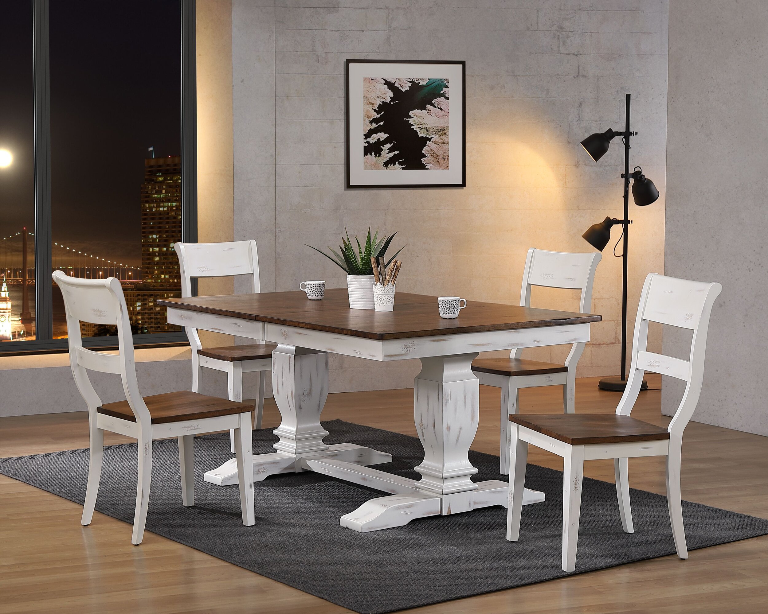 Iconic Furniture Distressed Cocoa Brown White Pedestal 5pc Dining Set