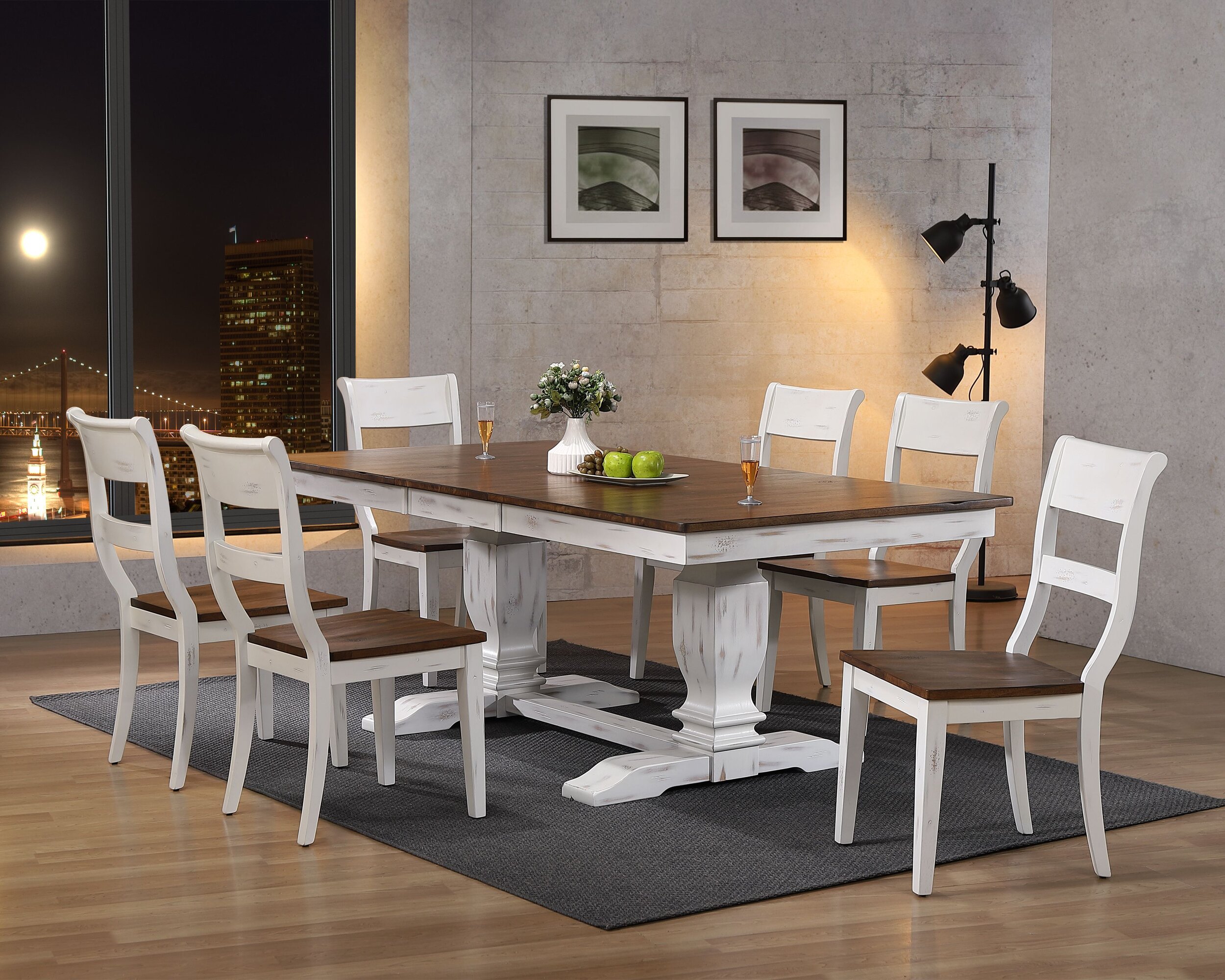 Iconic Furniture Distressed Cocoa Brown White Pedestal 7pc Dining Set