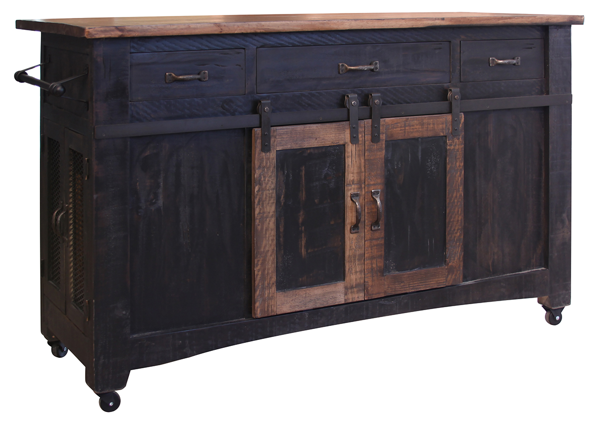 IFD Pueblo Black Medium Brown 3 Drawers Kitchen Island
