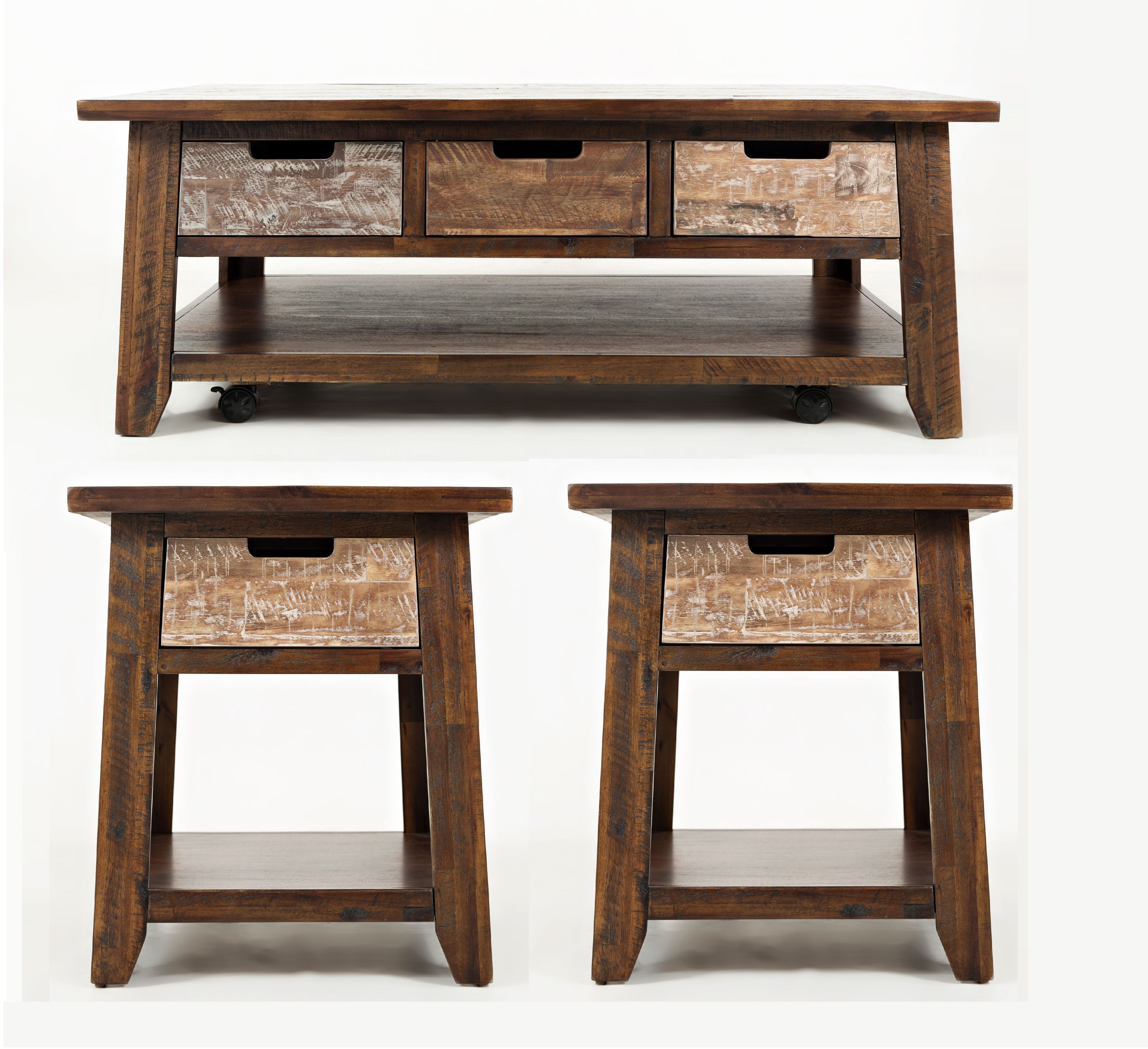 Jofran Furniture Painted Canyon Distressed Brown 3pc Coffee Table Set