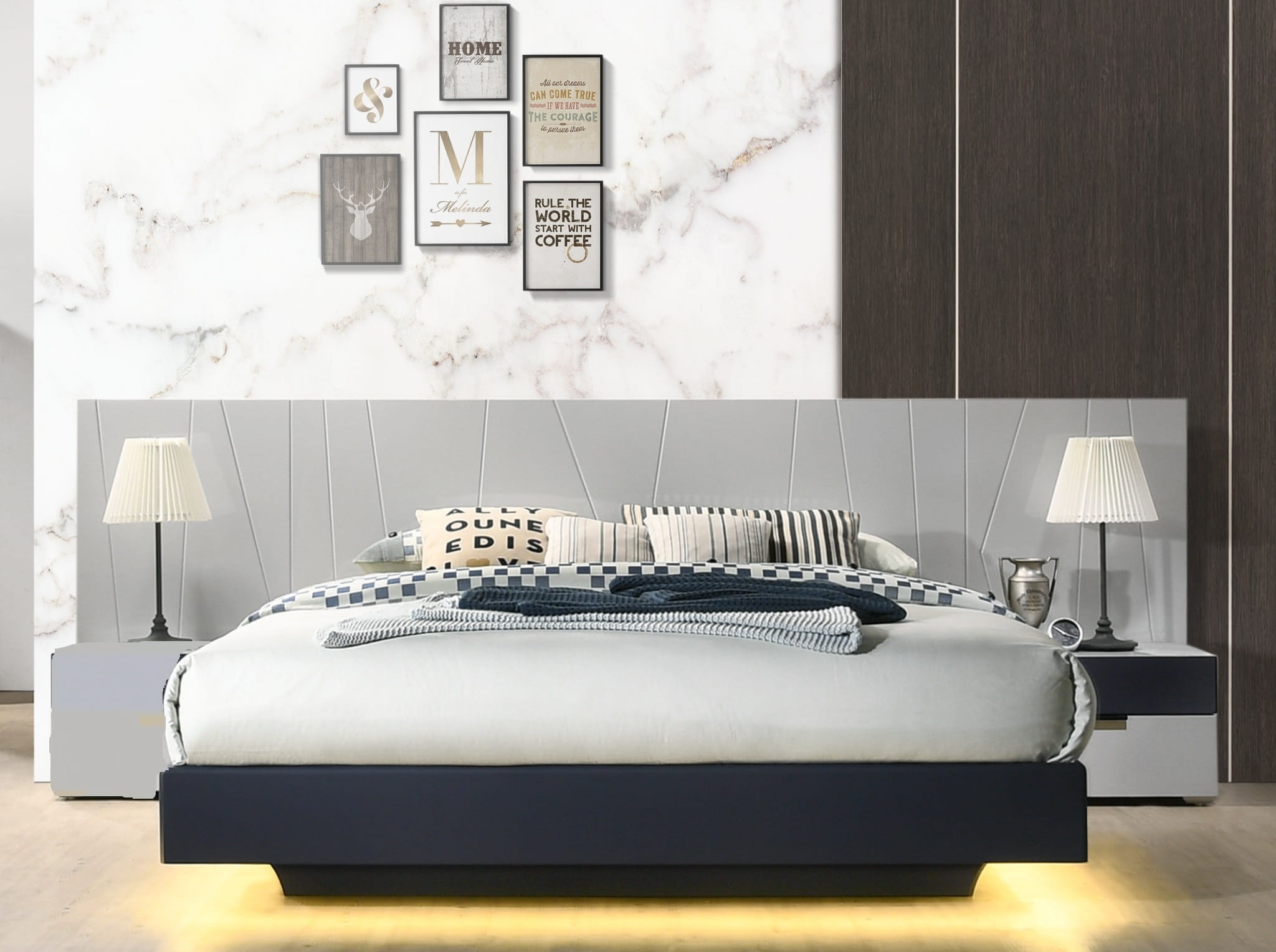 JM Furniture Marsala Light Grey Navy 2pc King Bedroom Set
