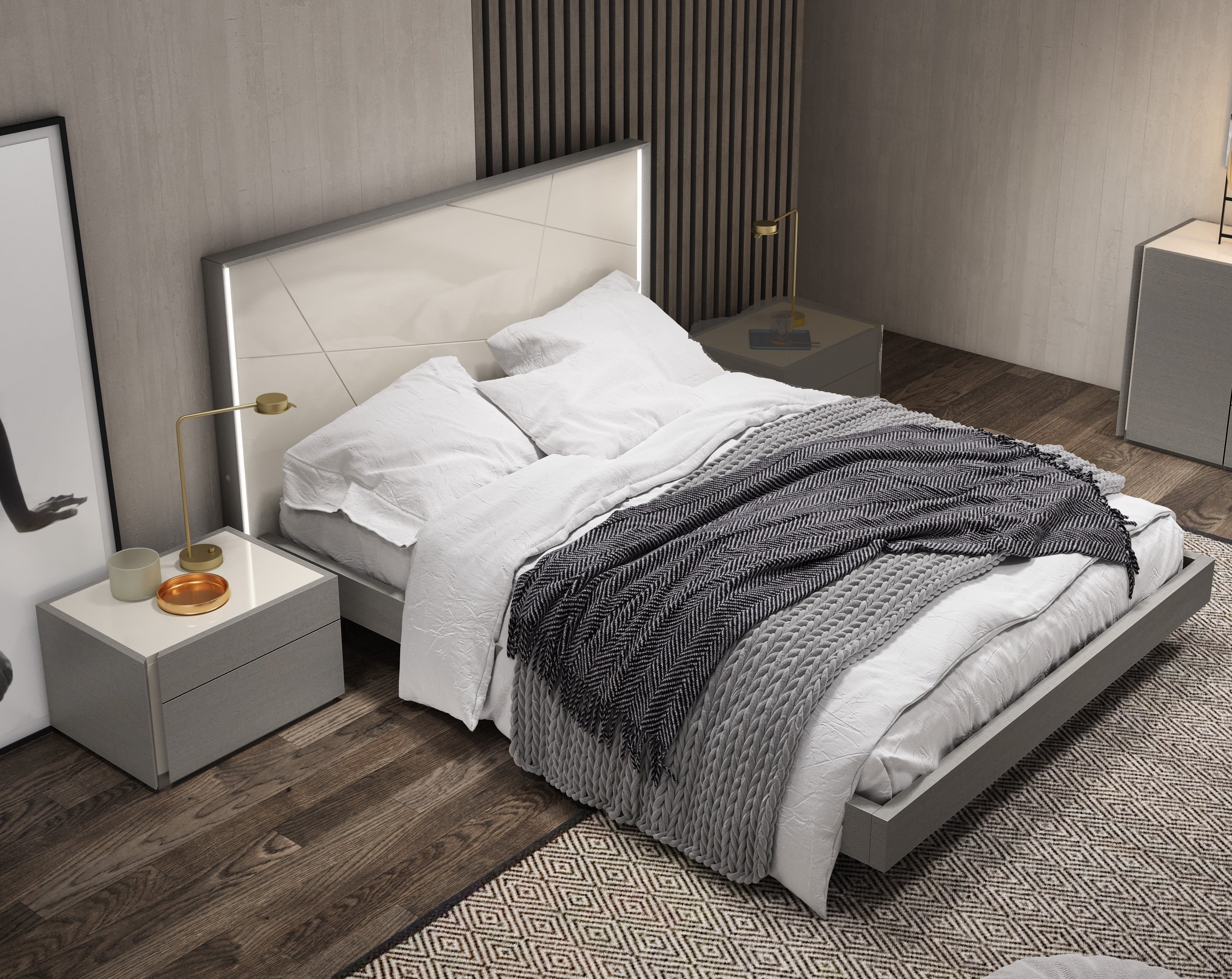 JM Furniture Sintra Grey White 2pc Queen Bedroom Set with Left Night Stand