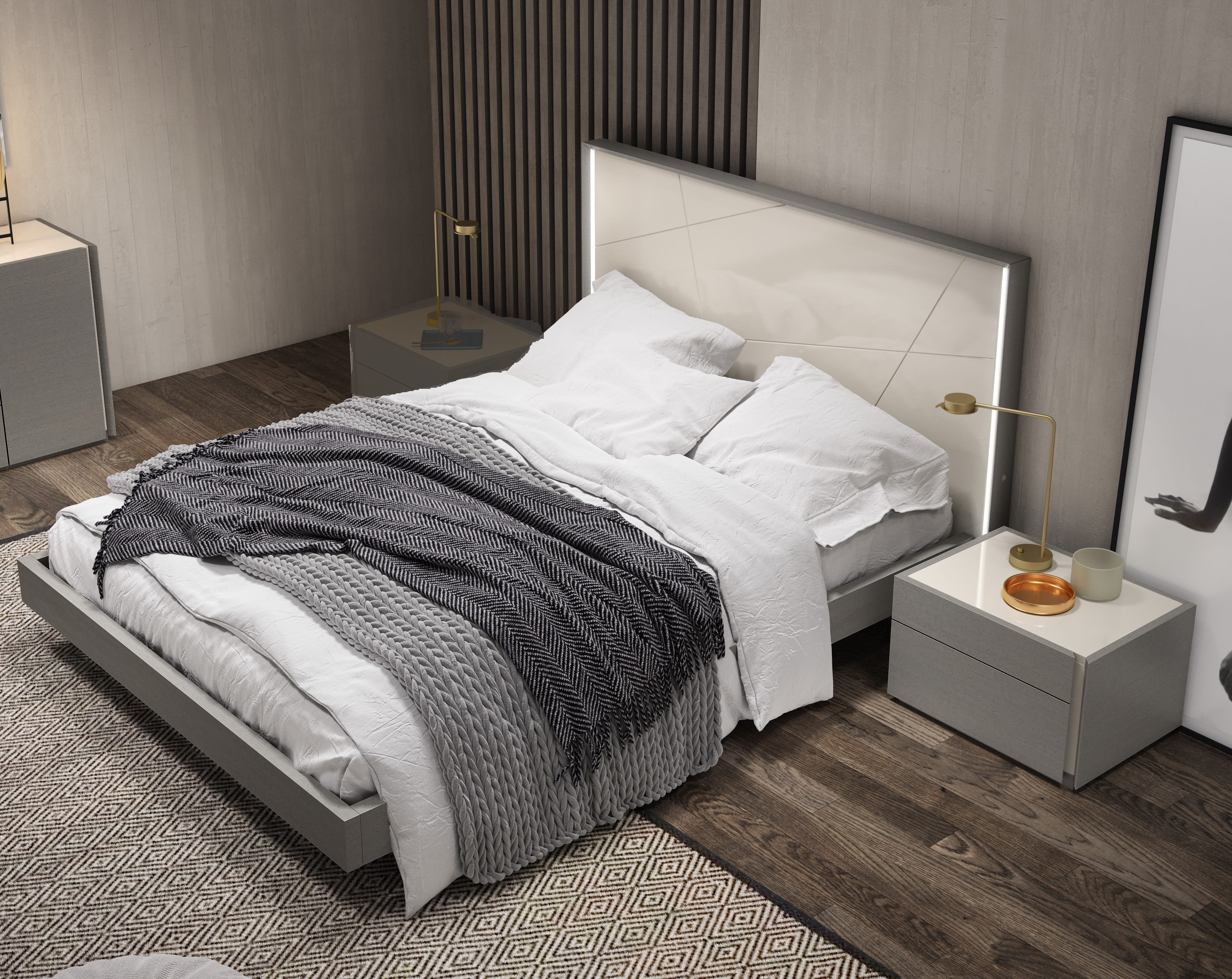 JM Furniture Sintra Grey White 2pc King Bedroom Set with Right Night Stand