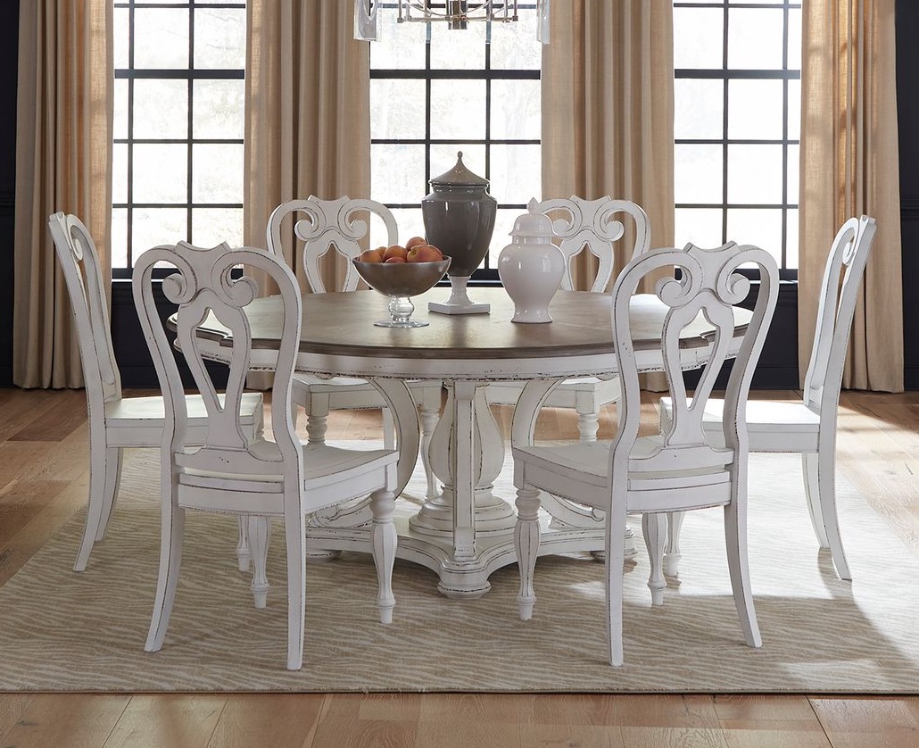 Liberty Magnolia Manor Antique White Weathered Bark 7pc Round Pedestal Tabl...