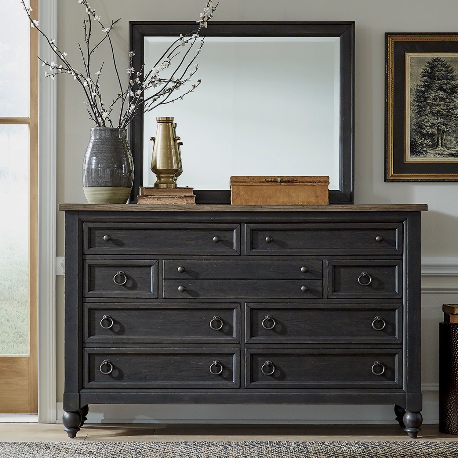 Liberty Americana Farmhouse Black Dresser And Mirror
