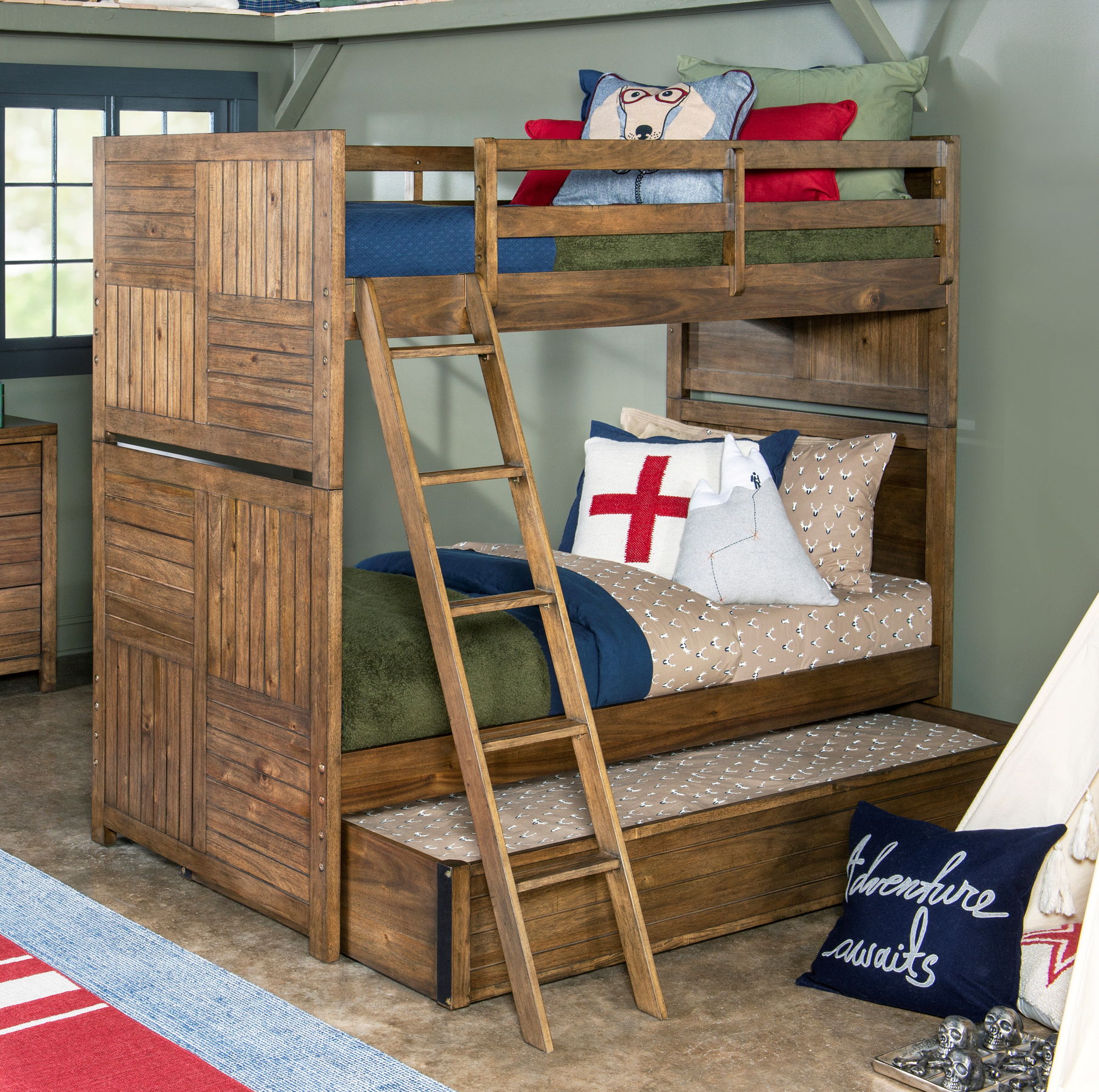 Legacy Kids Summer Camp Tree House Brown Twin Over Twin Bunk Bed with Trund...