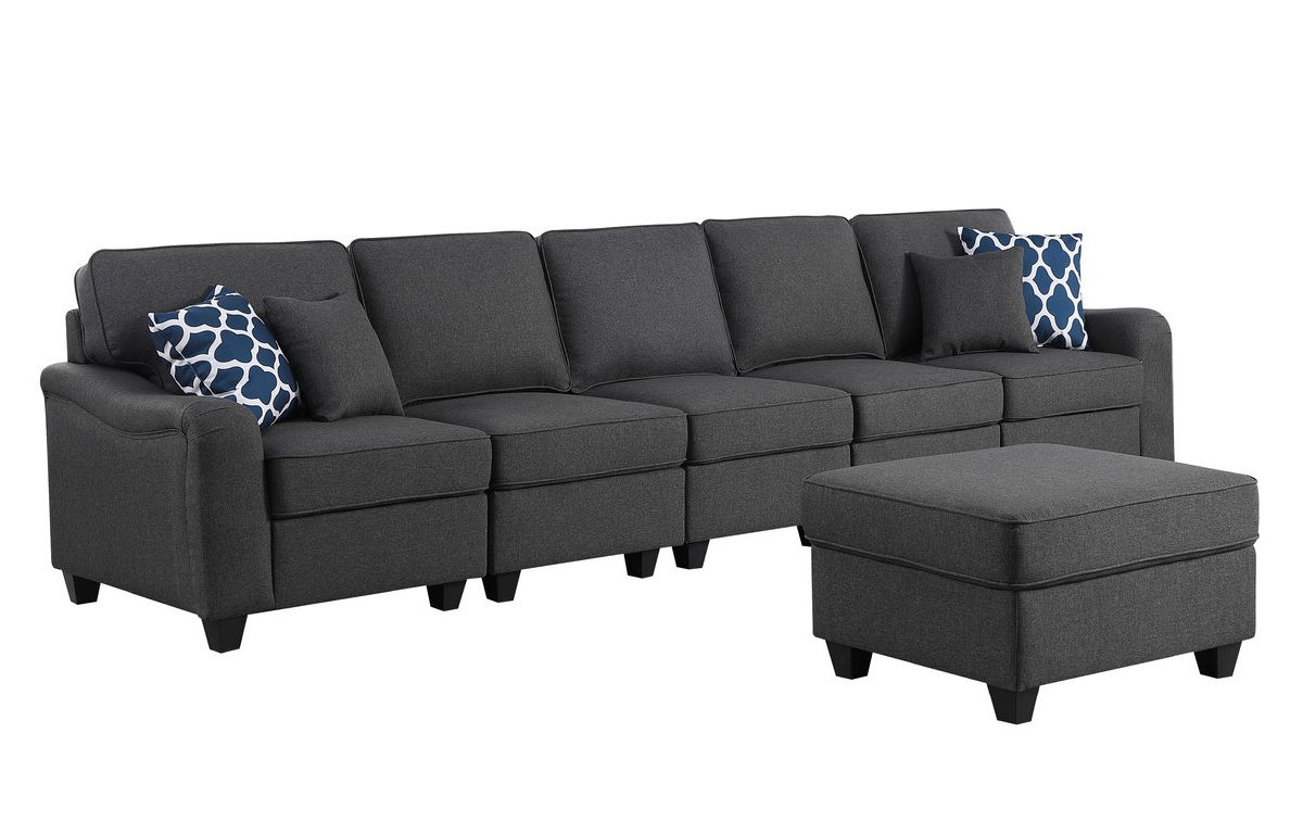 Lilola Home Leo Contemporary Dark Gray Linen 6 Seater Sofa and Ottoman