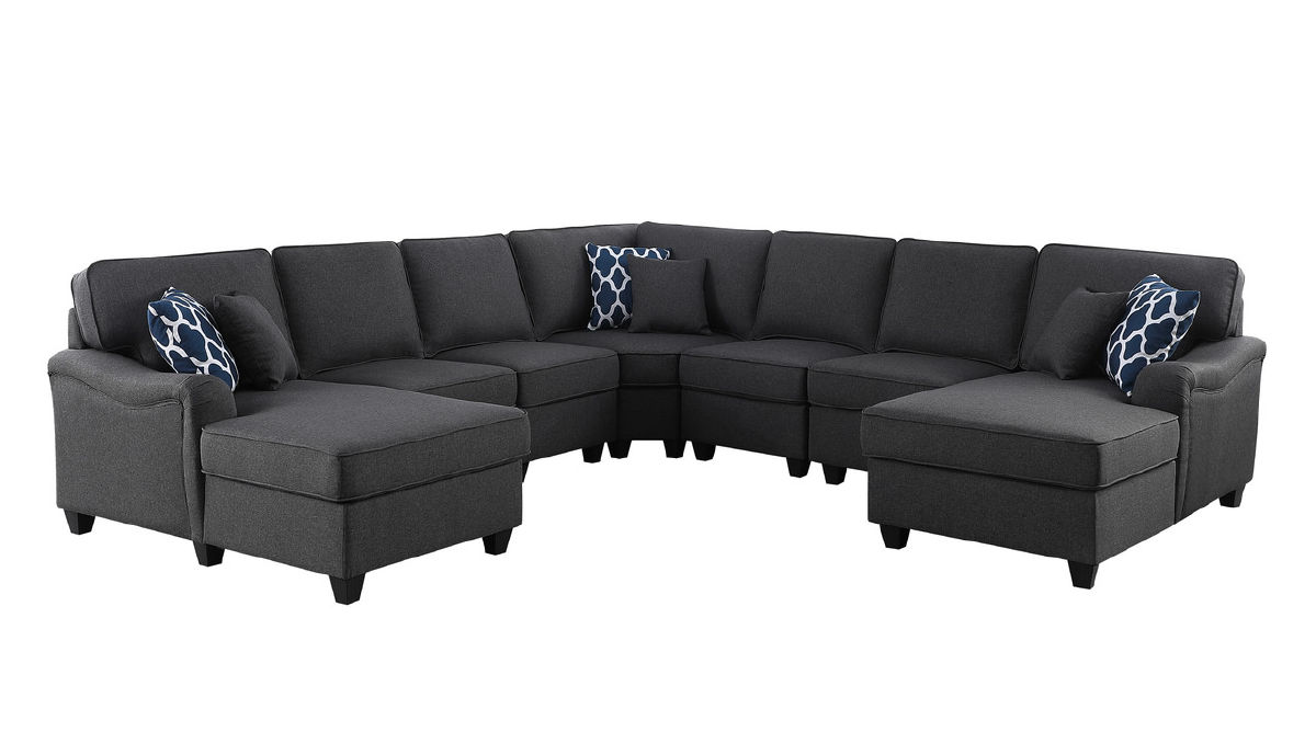 Lilola Home Leo Dark Gray Linen Double Chaise 7pc Modular Sofa Sectional
