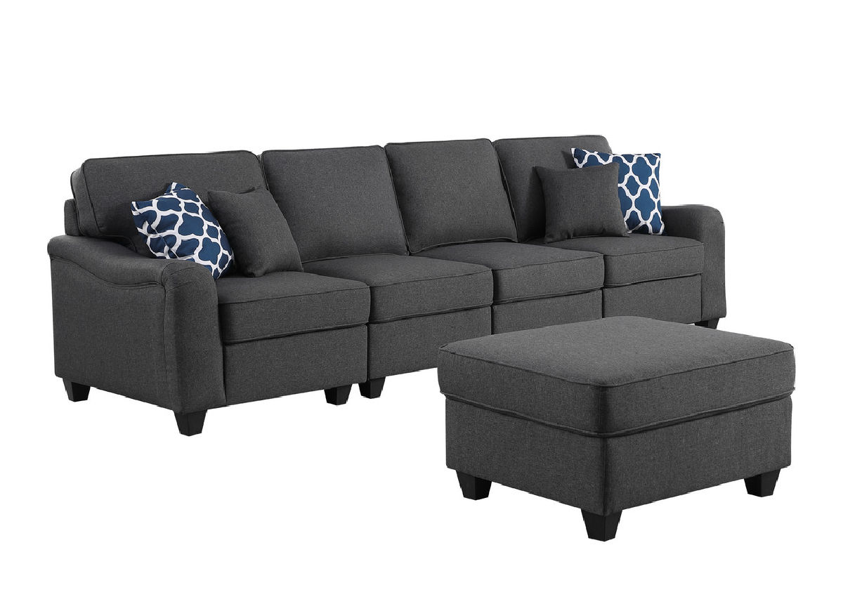 Lilola Home Leo Contemporary Dark Gray Linen 5 Seater Sofa and Ottoman