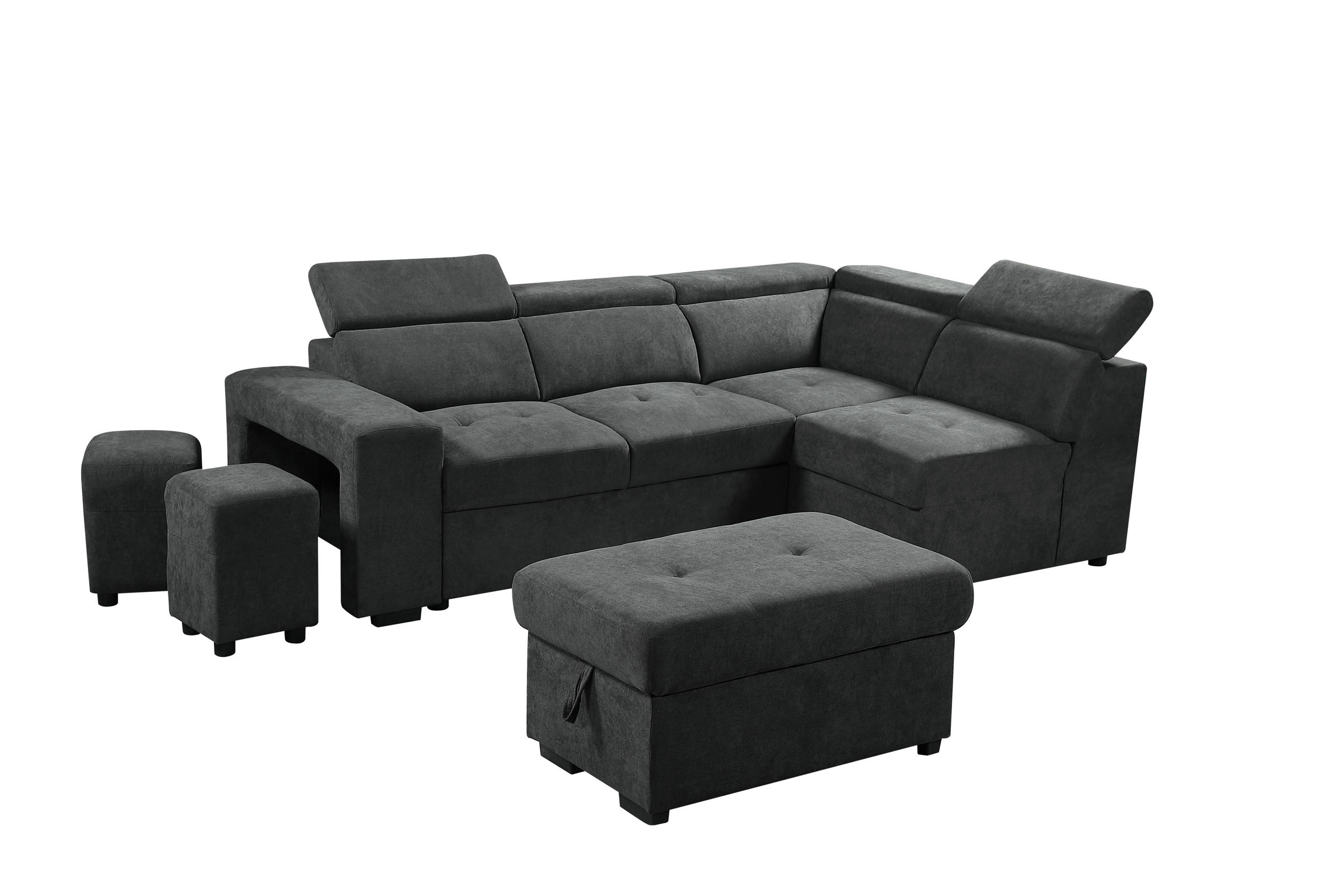 Lilola Home Henrik Dark Gray Sleeper Sectional with Ottoman and 2 Stools