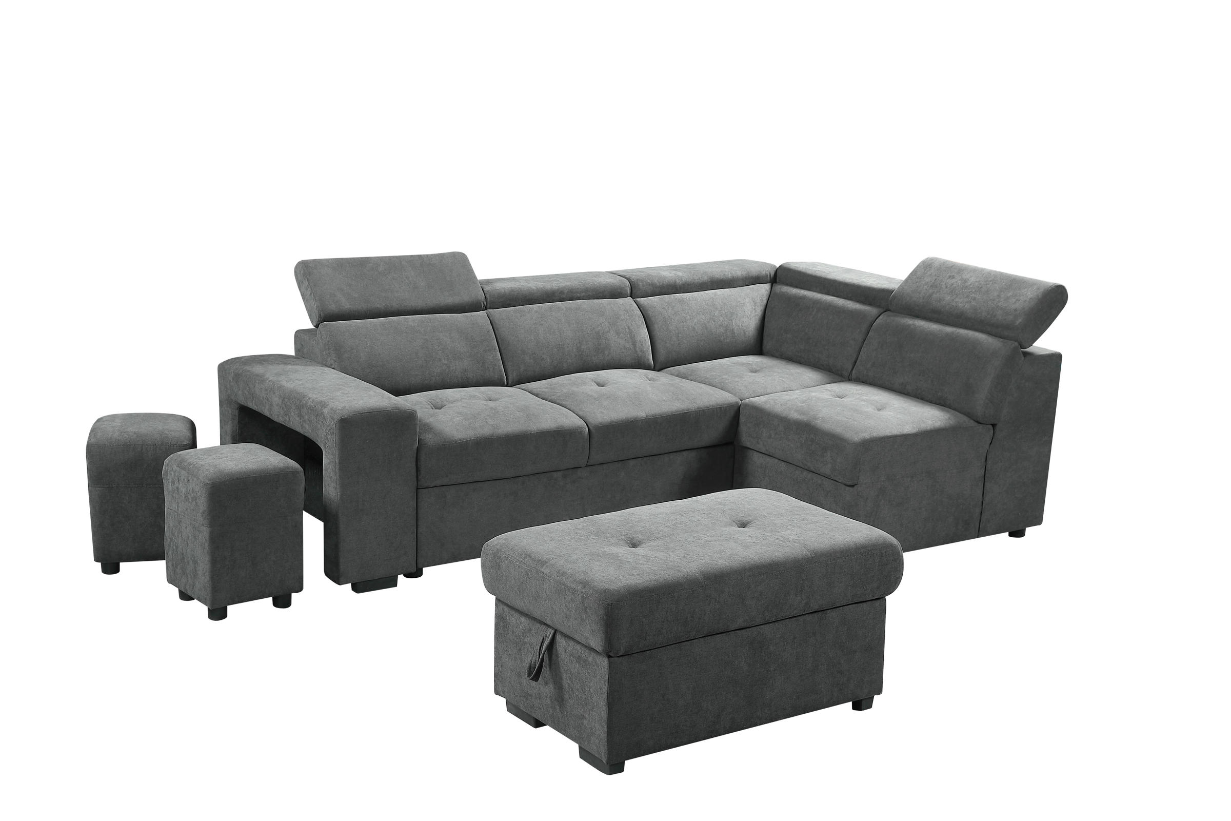 Lilola Home Henrik Light Gray Sleeper Sectional with Ottoman and 2 Stools
