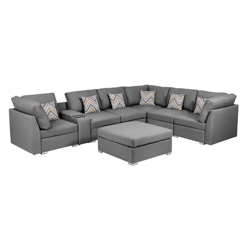 Lilola Home Amira Gray Fabric Reversible Sectional With USB Console And Ott...