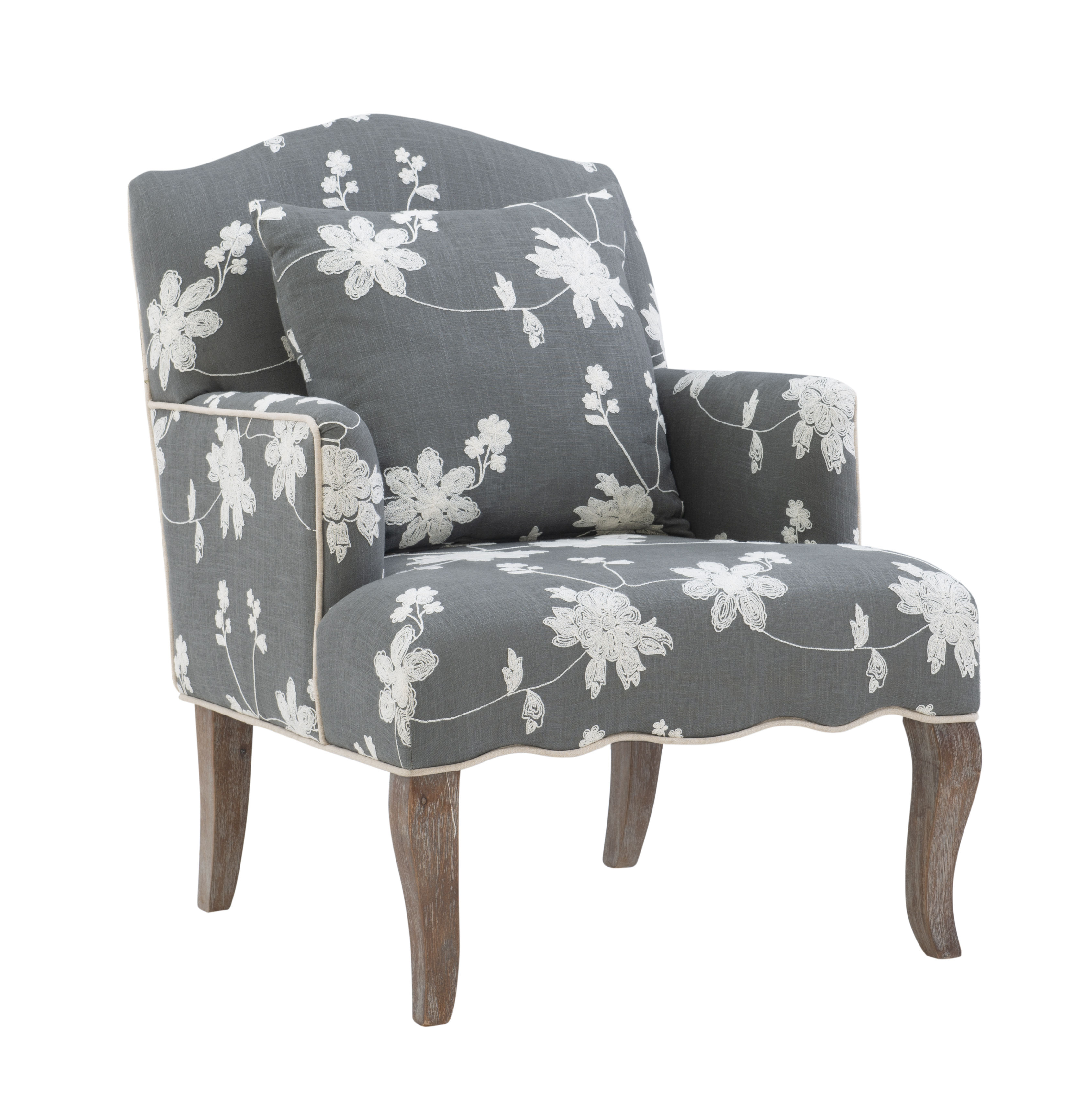 Linon Kenna Grey Embroid Floral Arm Chair