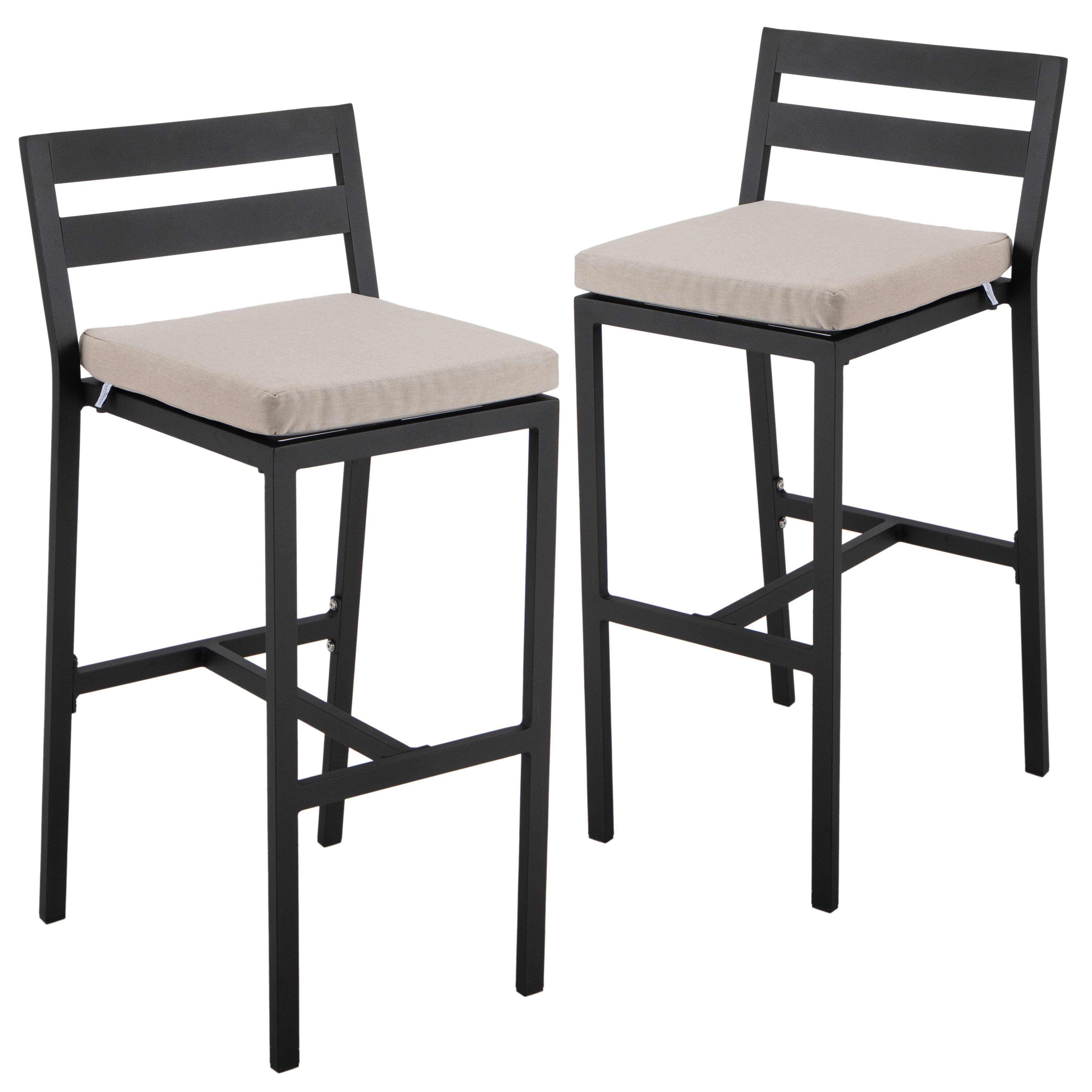 2 LeisureMod Chelsea Black Beige Modern Aluminum Outdoor Bar Chairs