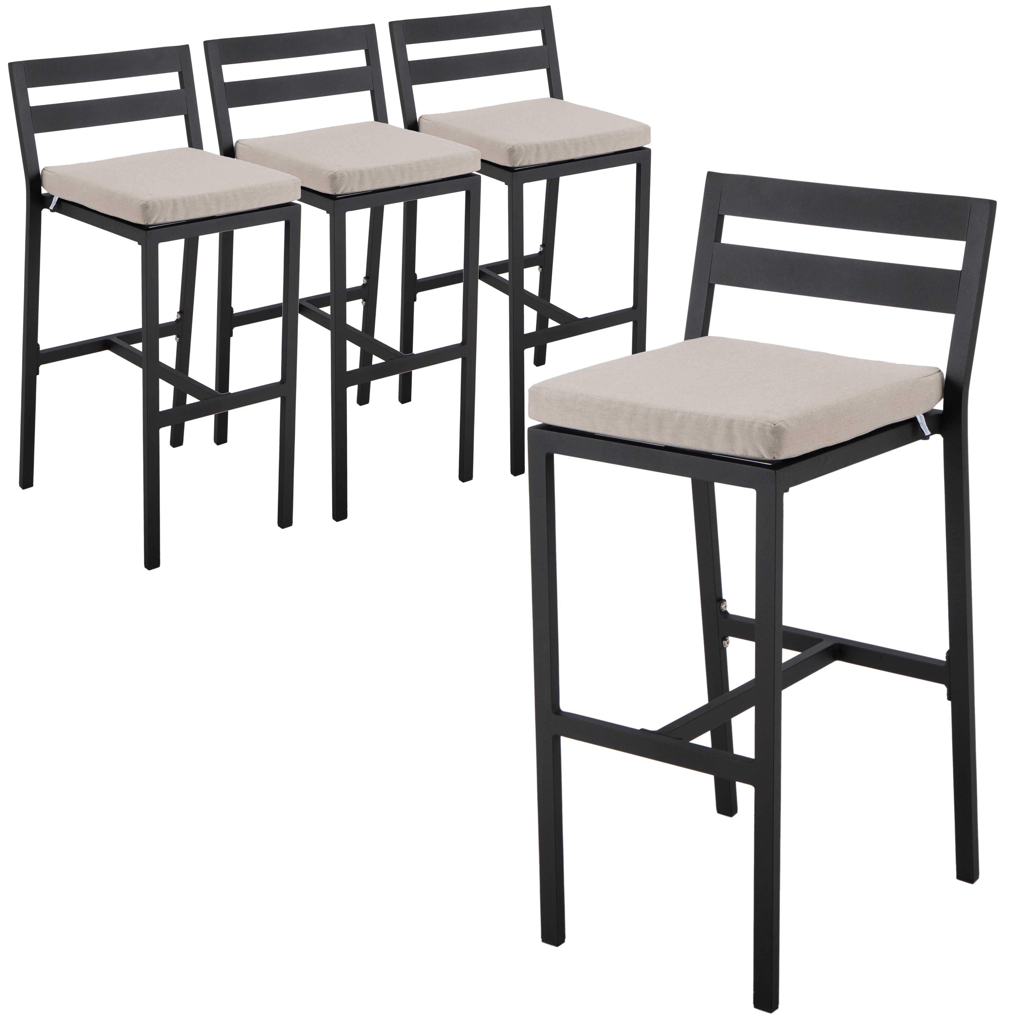 4 LeisureMod Chelsea Black Beige Modern Aluminum Outdoor Bar Chairs