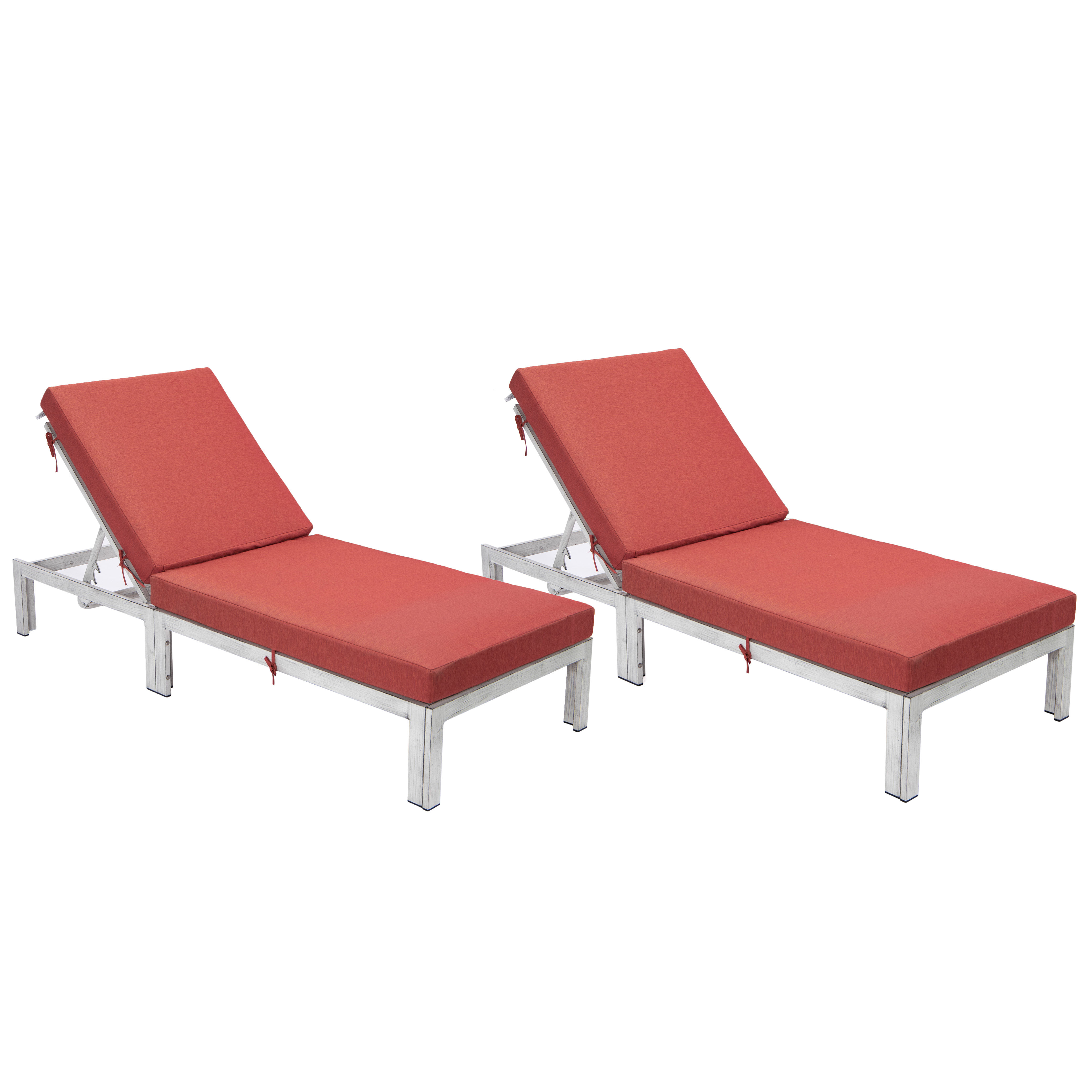 2 LeisureMod Chelsea Red Outdoor Weathered Grey Chaise Lounge Chairs with C...