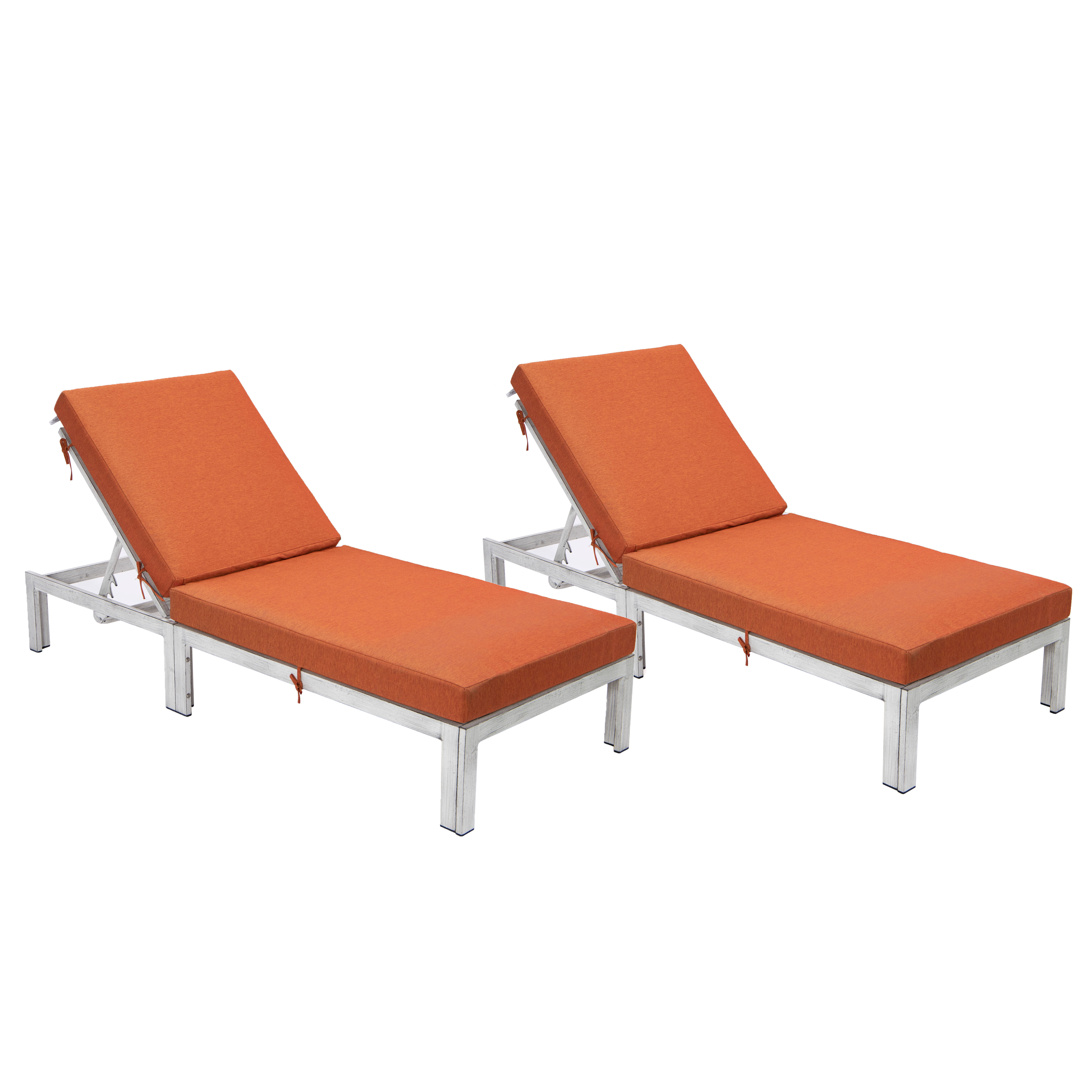 2 LeisureMod Chelsea Orange Outdoor Weathered Grey Chaise Lounge Chairs wit...