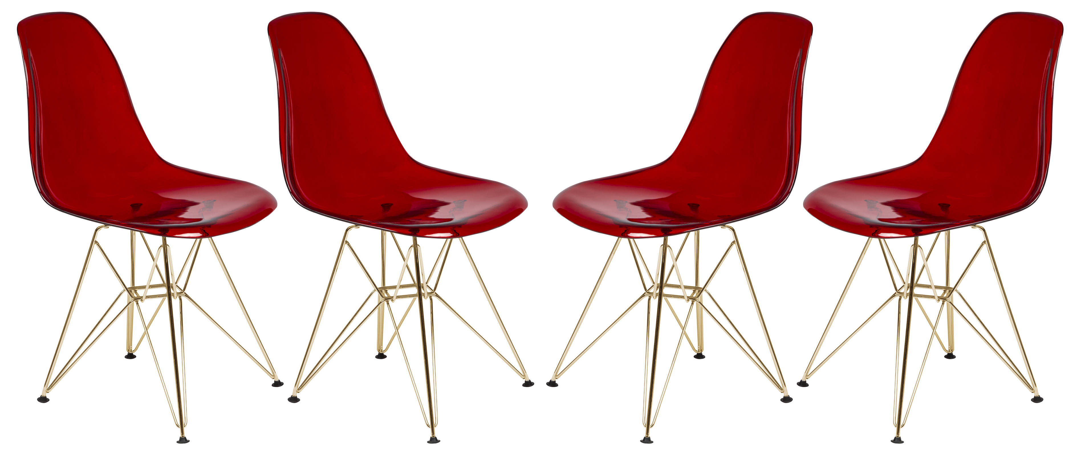 4 LeisureMod Cresco Transparent Red Molded Gold Base Eiffel Side Chairs