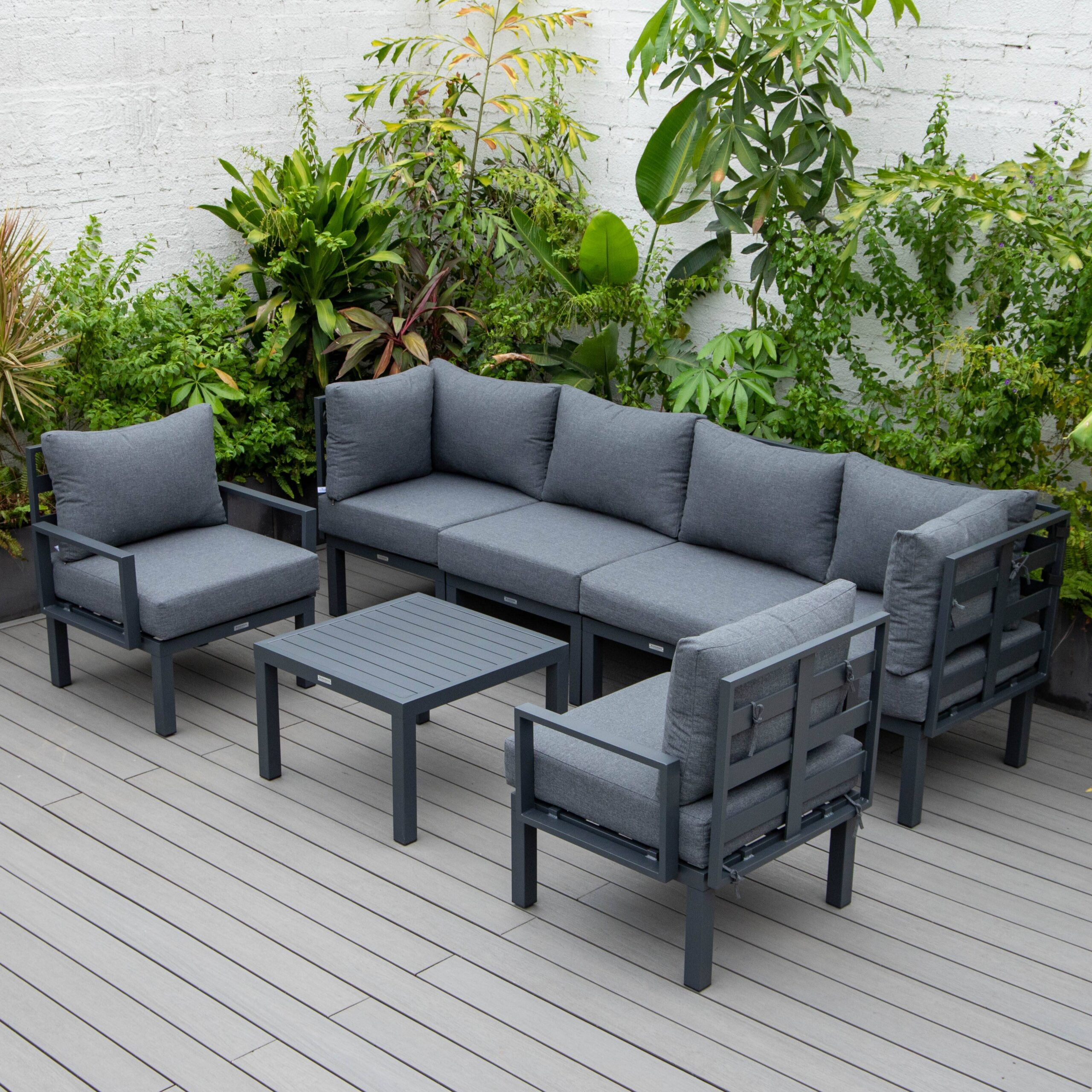 LeisureMod Chelsea Black 7pc Outdoor Patio Sectional Set with Coffee Table