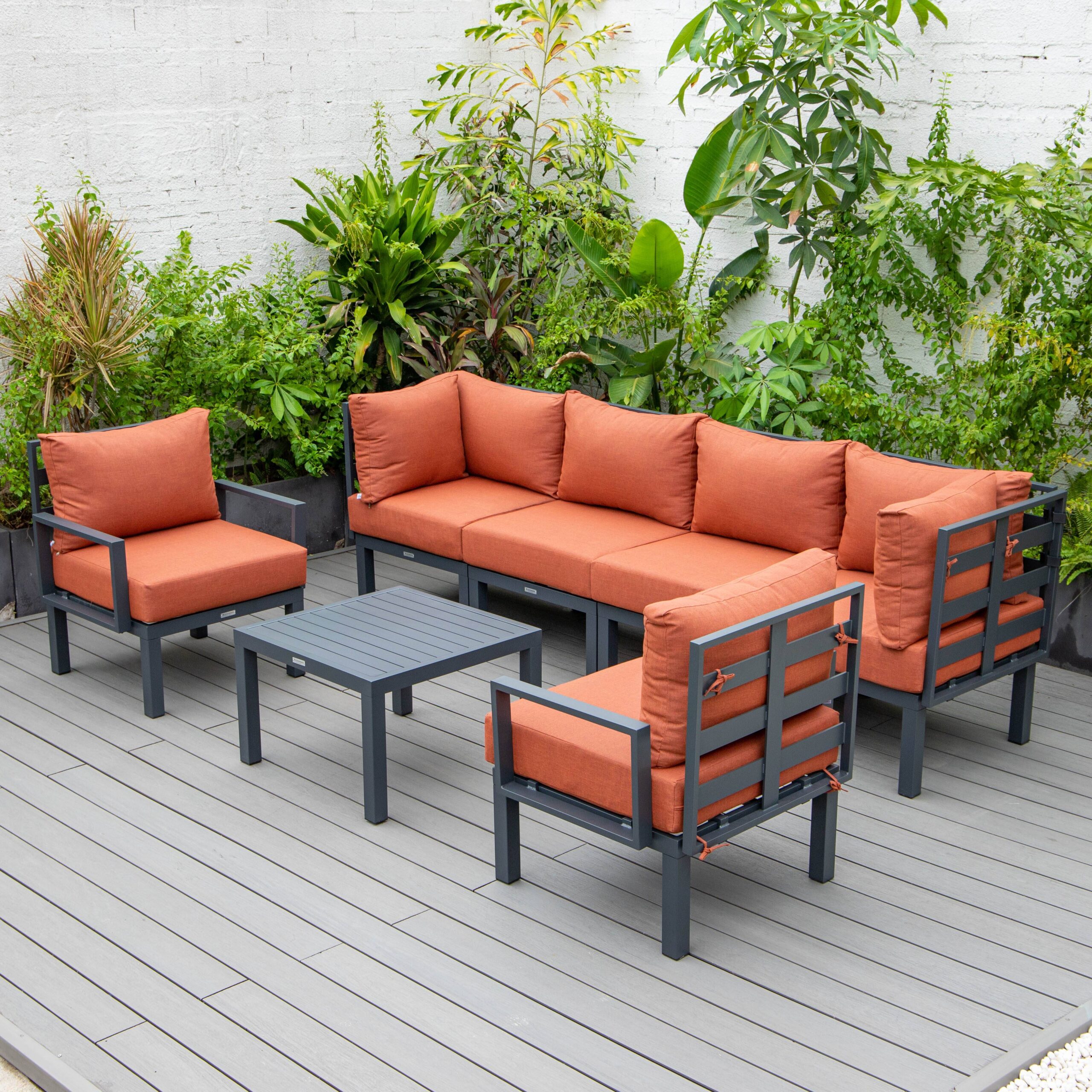LeisureMod Chelsea Orange 7pc Outdoor Patio Sectional Set with Coffee Table