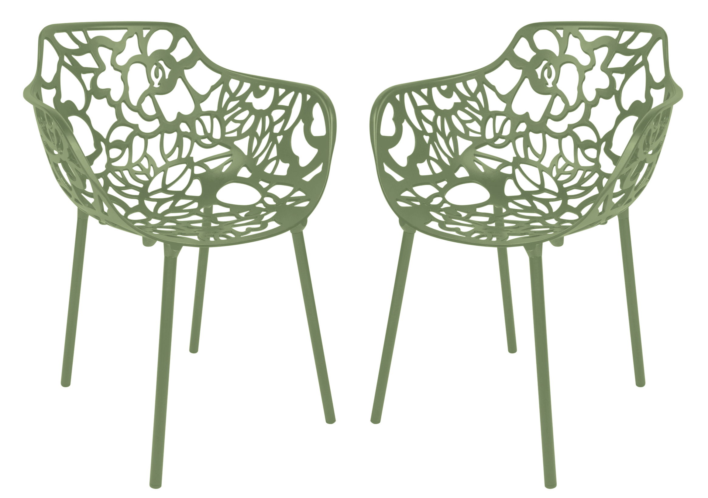 2 LeisureMod Devon Khaki Green Aluminum Arm Chairs