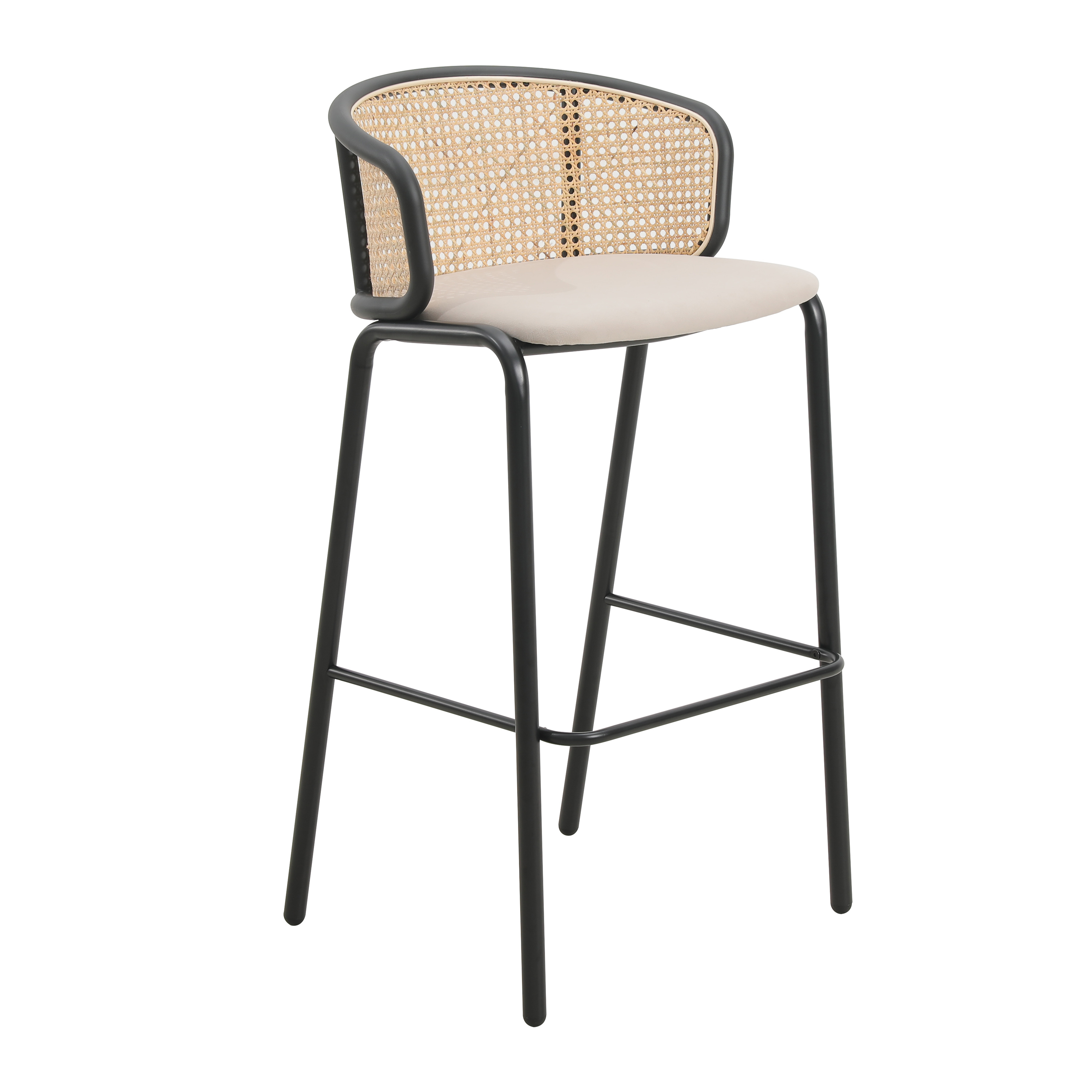 LeisureMod Ervilla Black Beige Wicker Bar Stool with Fabric Seat