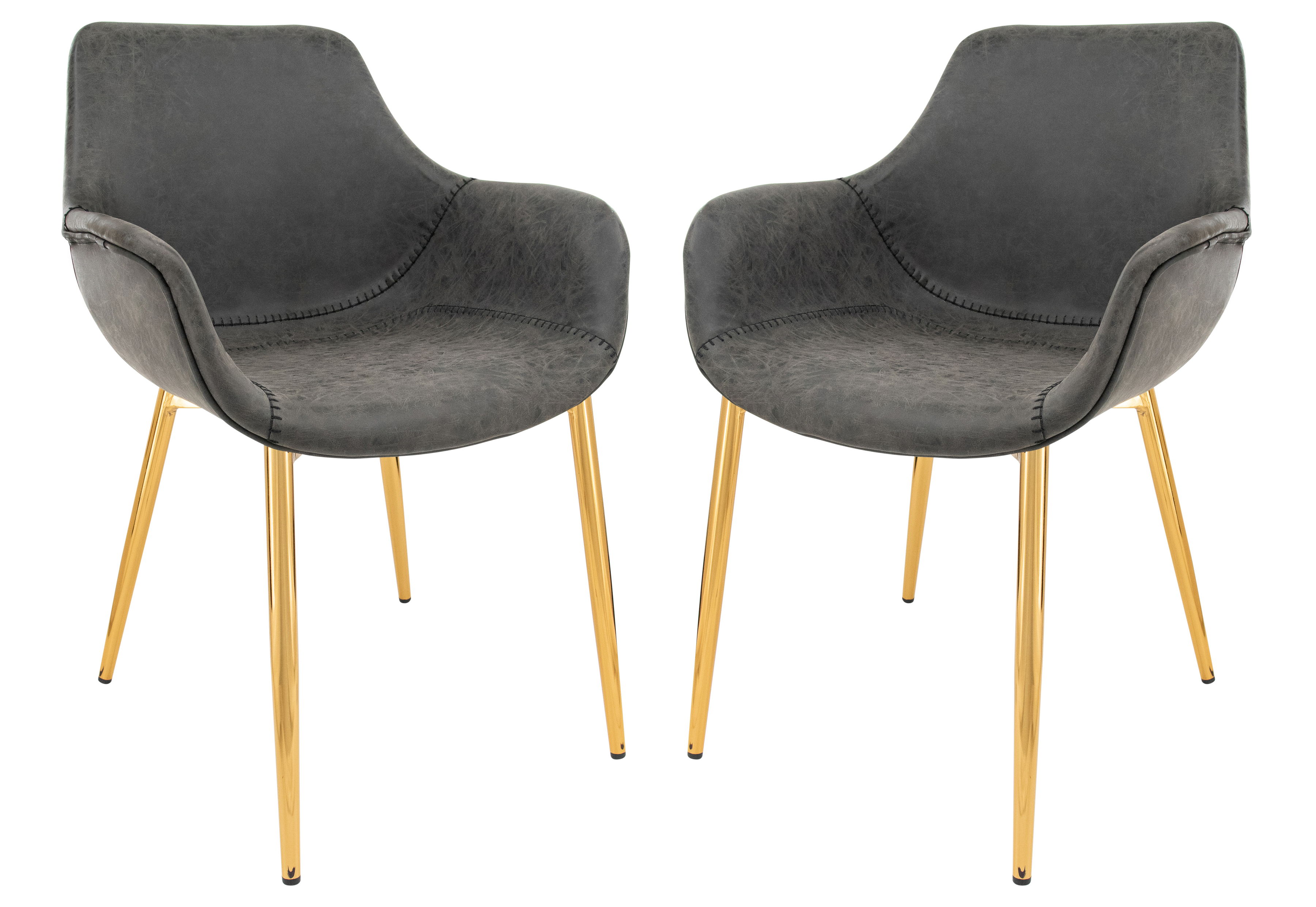 2 LeisureMod Markley Charcoal Black Leather Gold Dining Armchairs