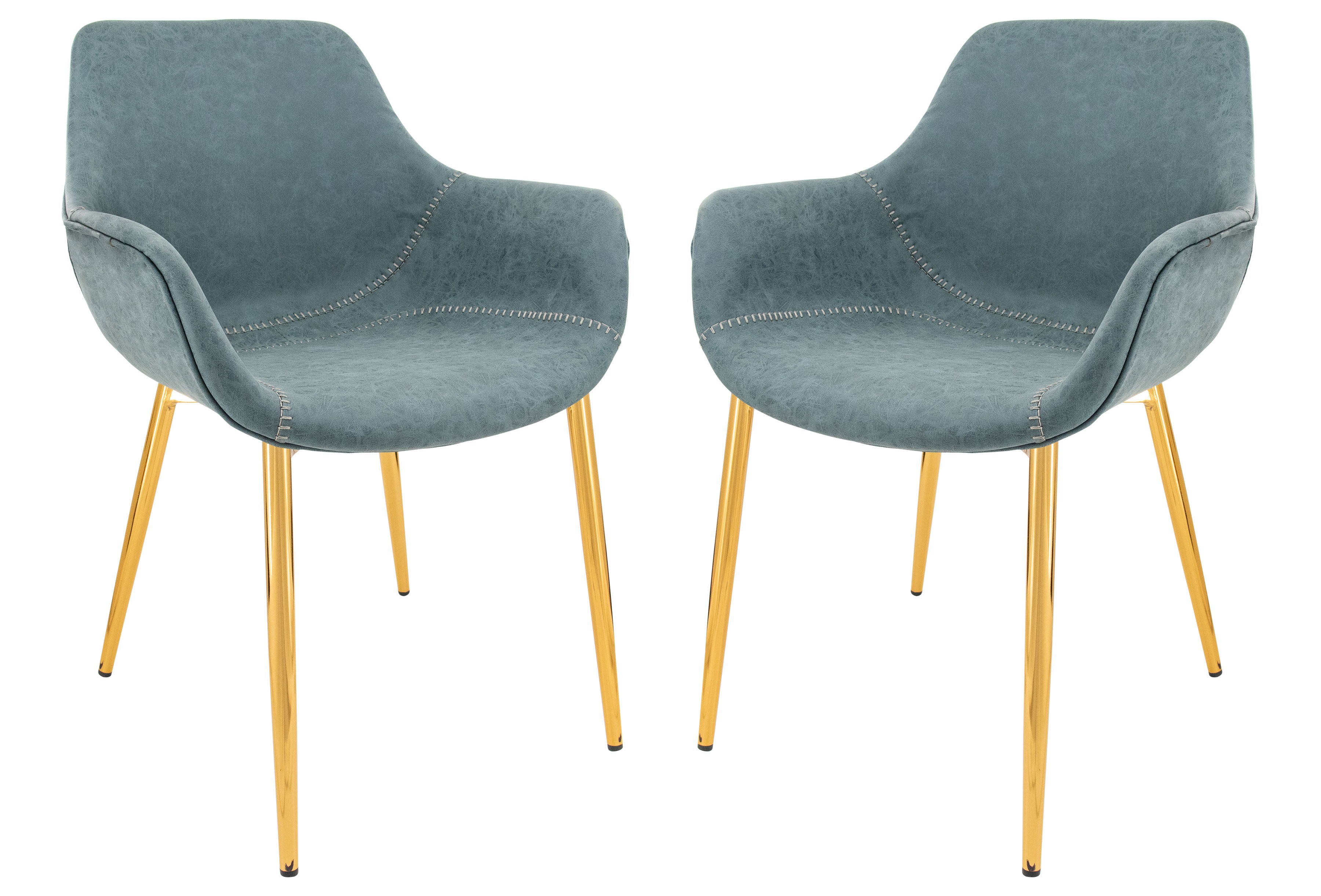 2 LeisureMod Markley Peacock Blue Leather Gold Dining Armchairs