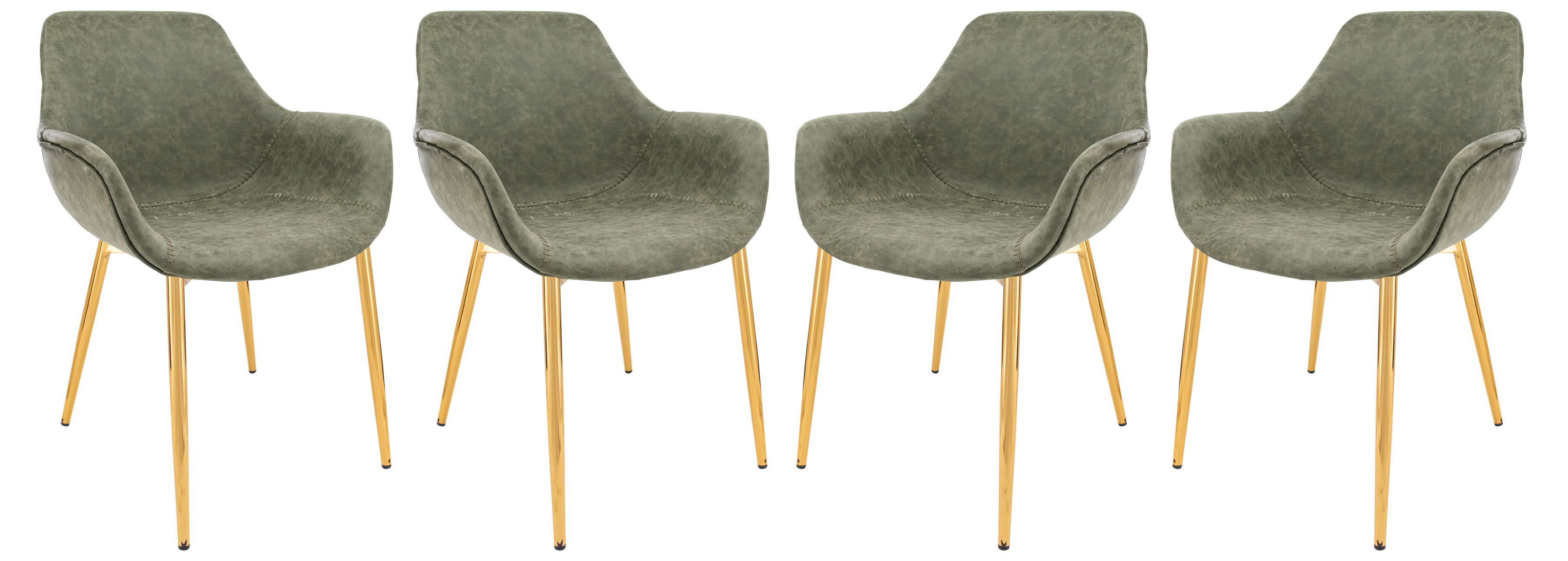 4 LeisureMod Markley Olive Green Leather Gold Dining Armchairs