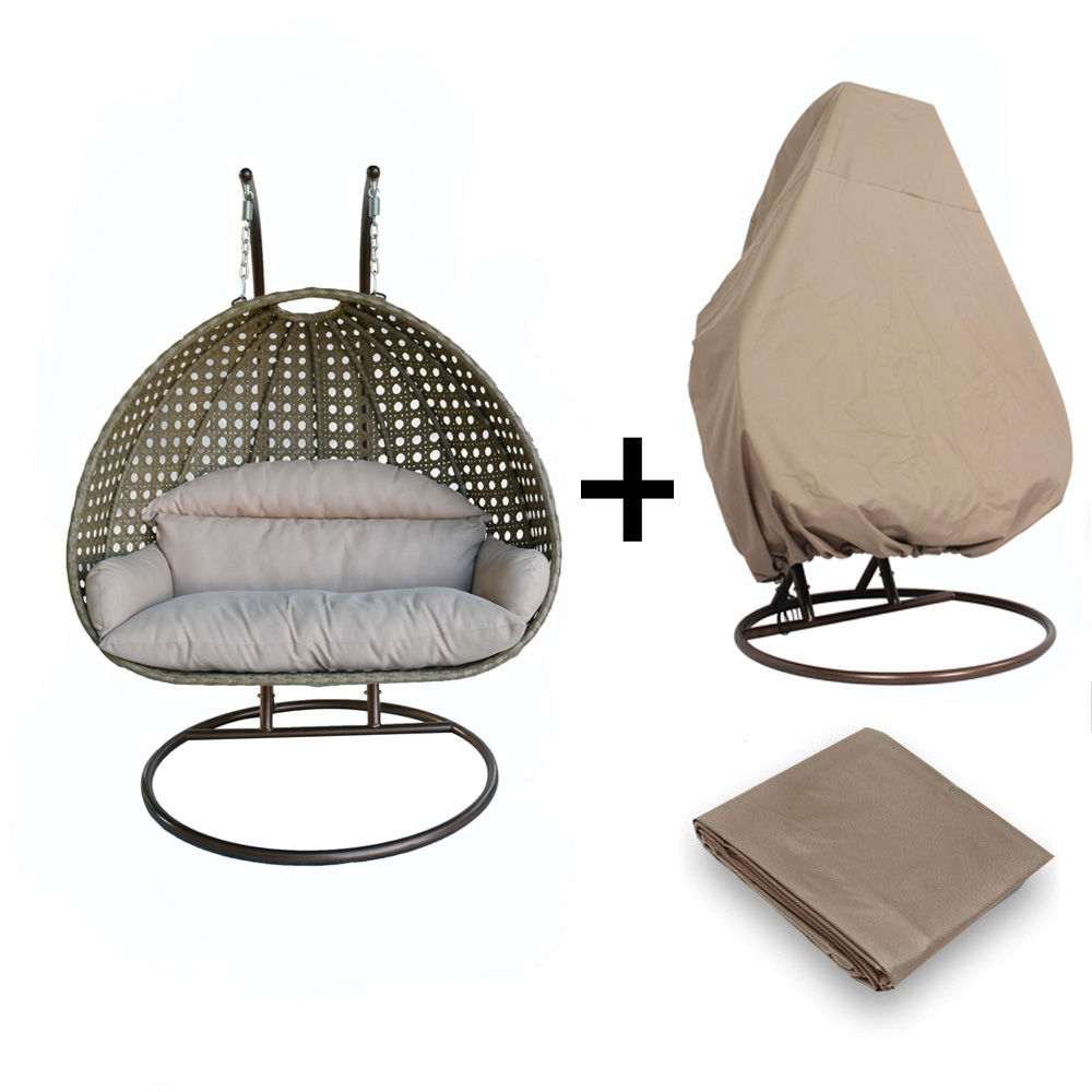 LeisureMod Egg Beige 2 Person Hanging Swing Chair with Outdoor Cover