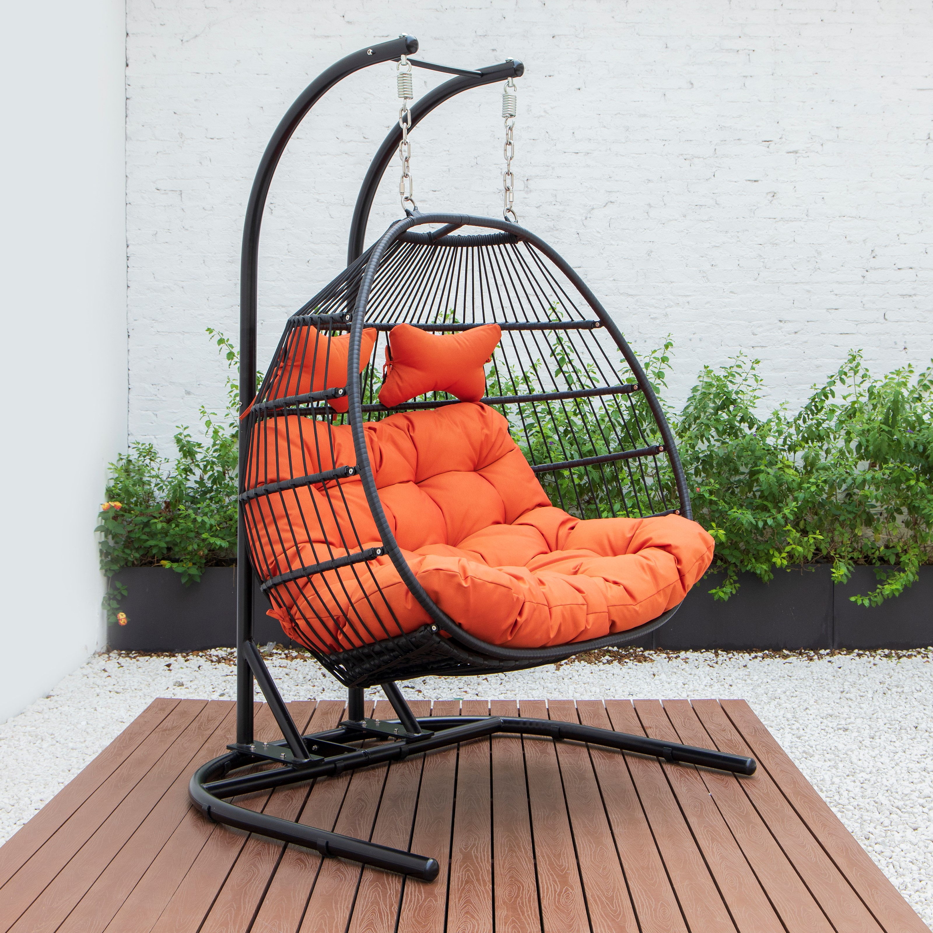 LeisureMod Egg Orange Fabric 2 Person Double Folding Hanging Swing Chair