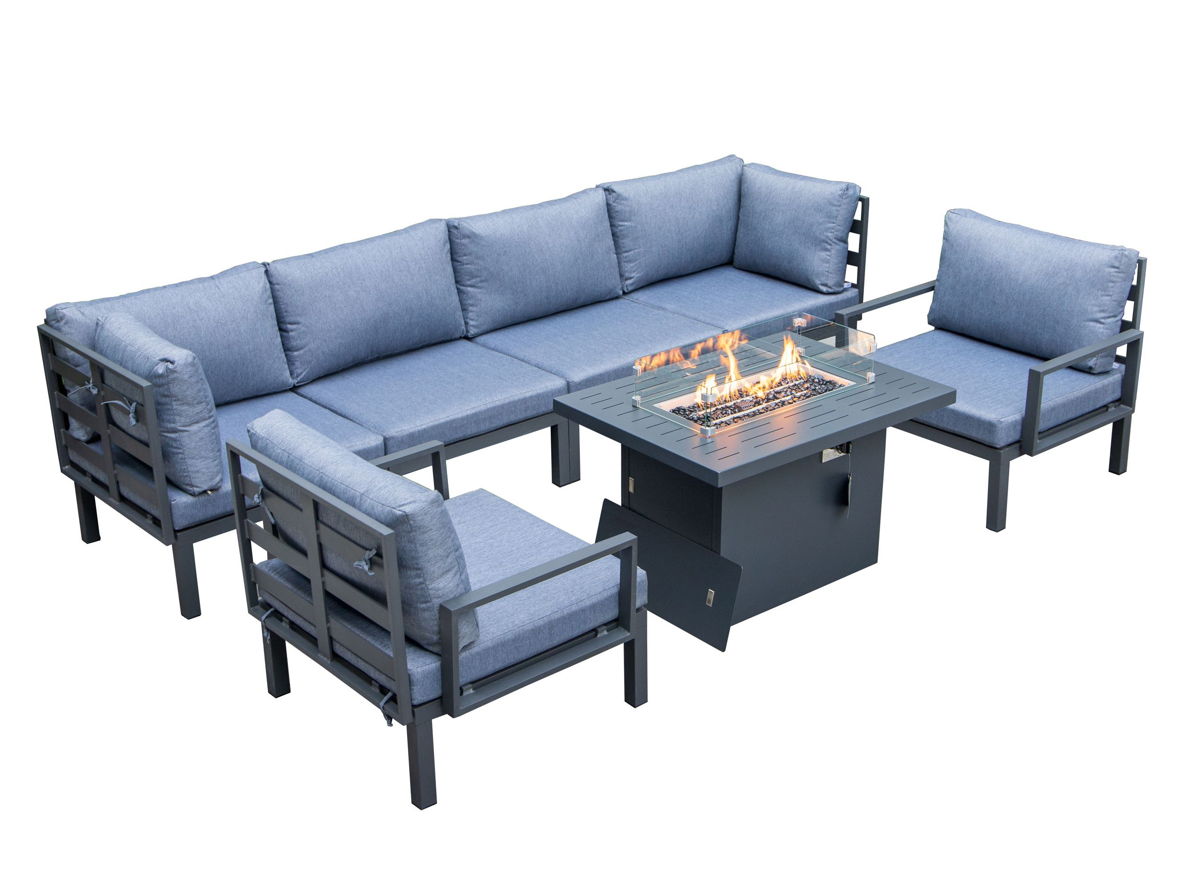 LeisureMod Hamilton Charcoal Blue Cushion 7pc Patio Conversation Set with F...