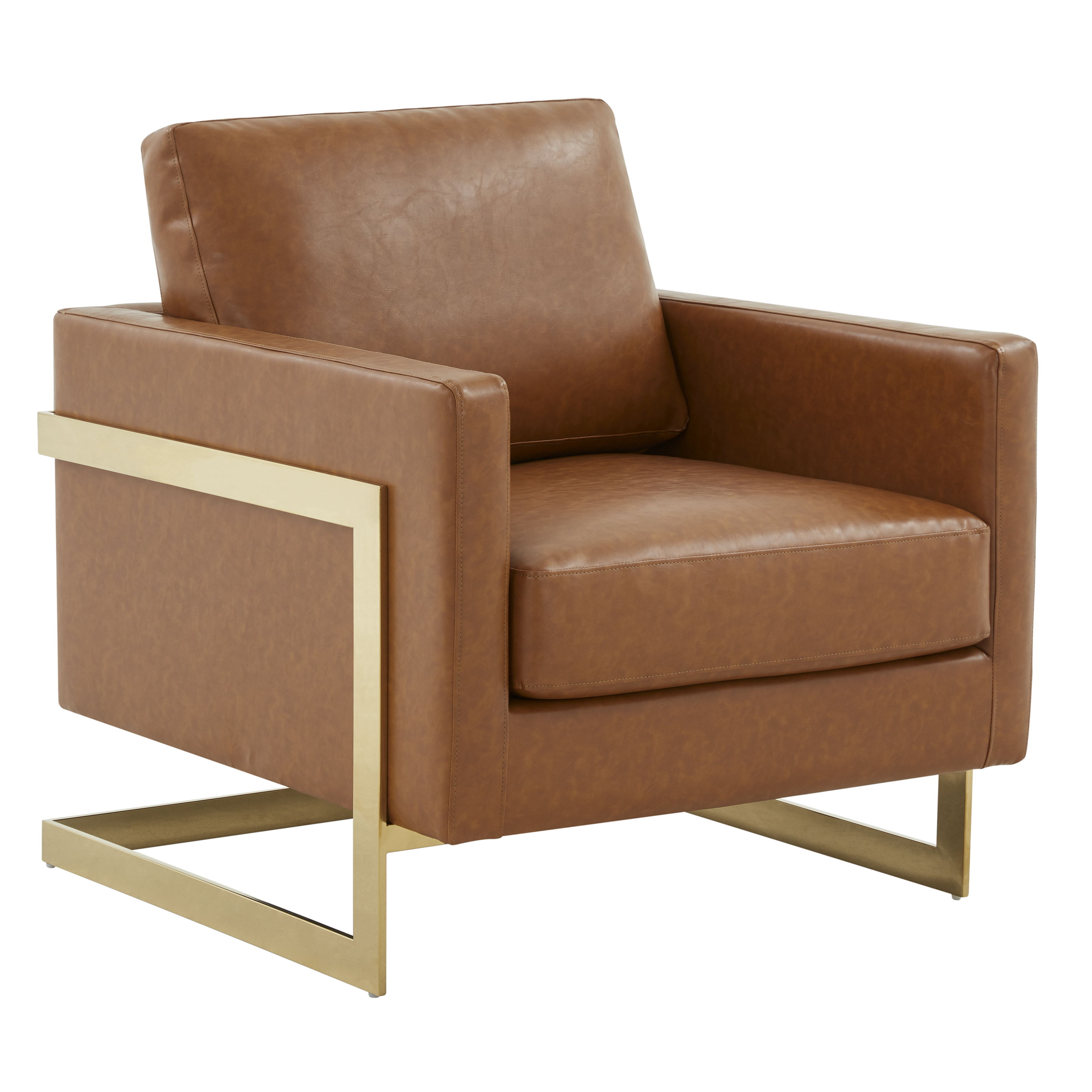 LeisureMod Lincoln Leather Accent Armchair With Gold Frame