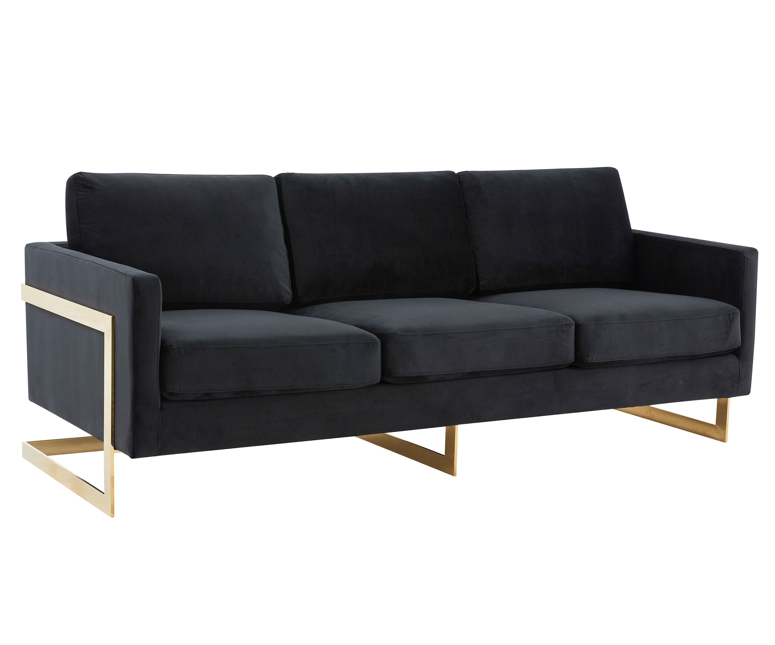 LeisureMod Lincoln Modern Mid-Century Upholstered Velvet Sofa with Gold Frame