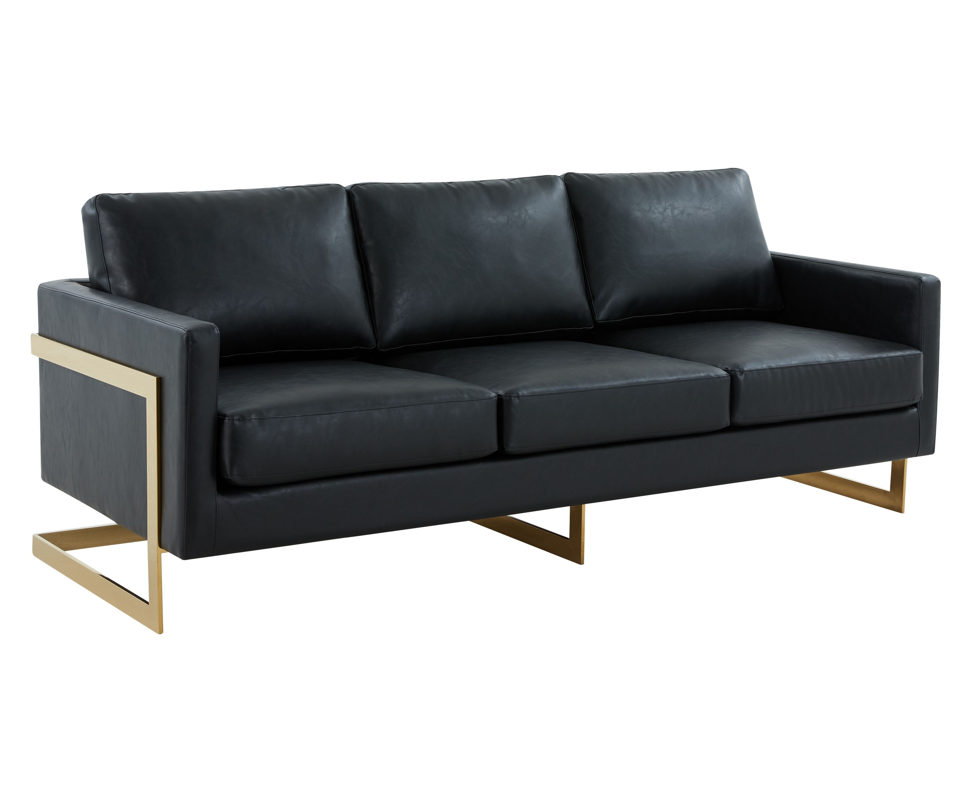 LeisureMod Lincoln Modern Mid-Century Upholstered Leather Sofa with Gold Frame