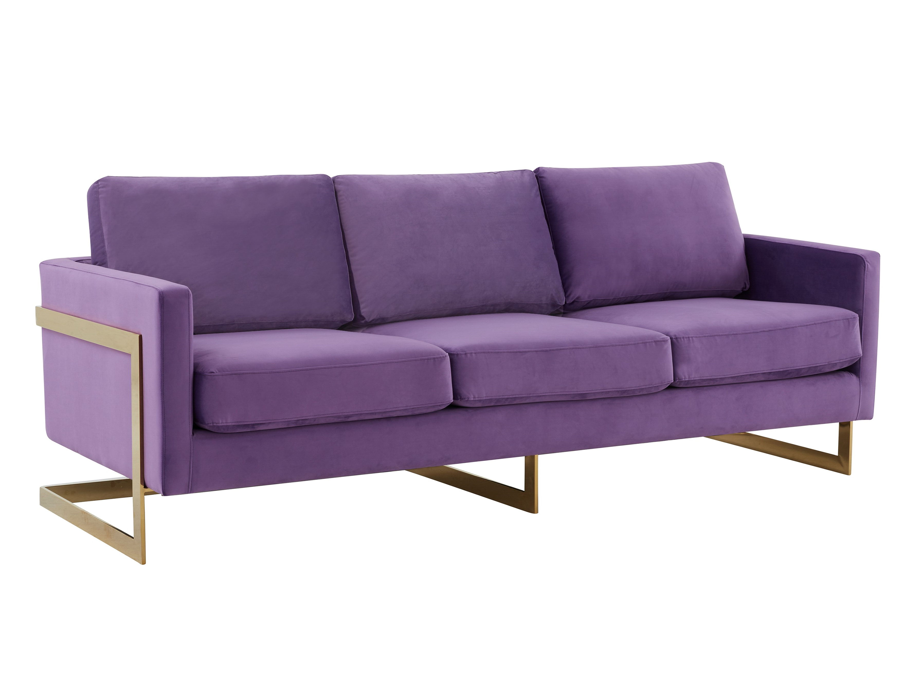 LeisureMod Lincoln Modern Mid-Century Upholstered Velvet Sofa with Gold Frame