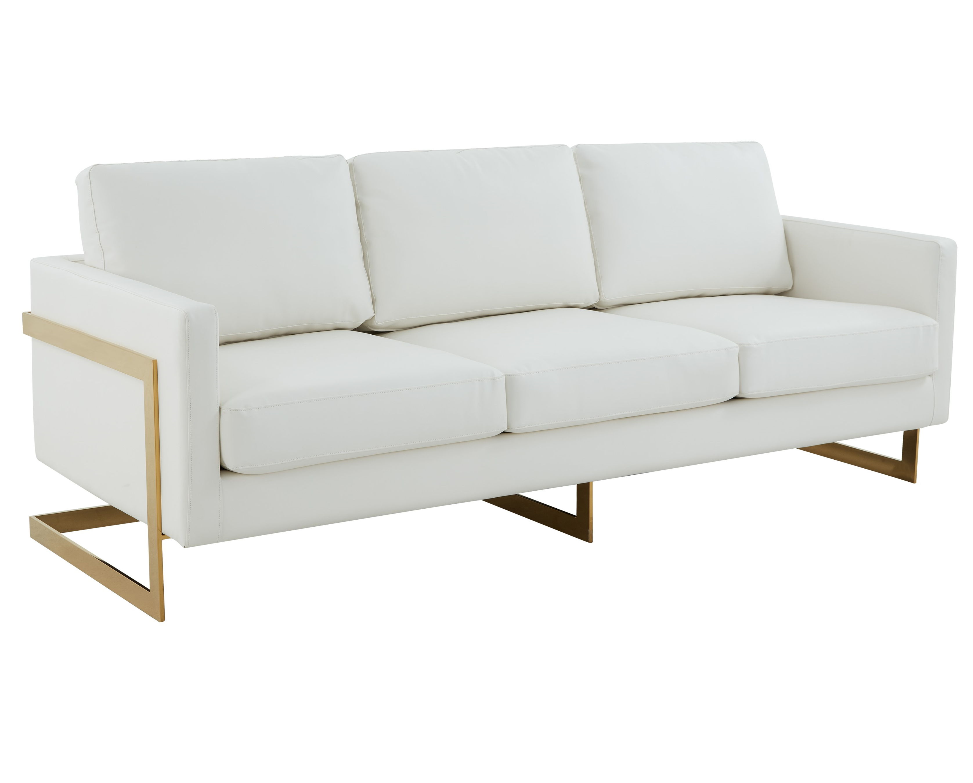 LeisureMod Lincoln Modern Mid-Century Upholstered Leather Sofa with Gold Frame