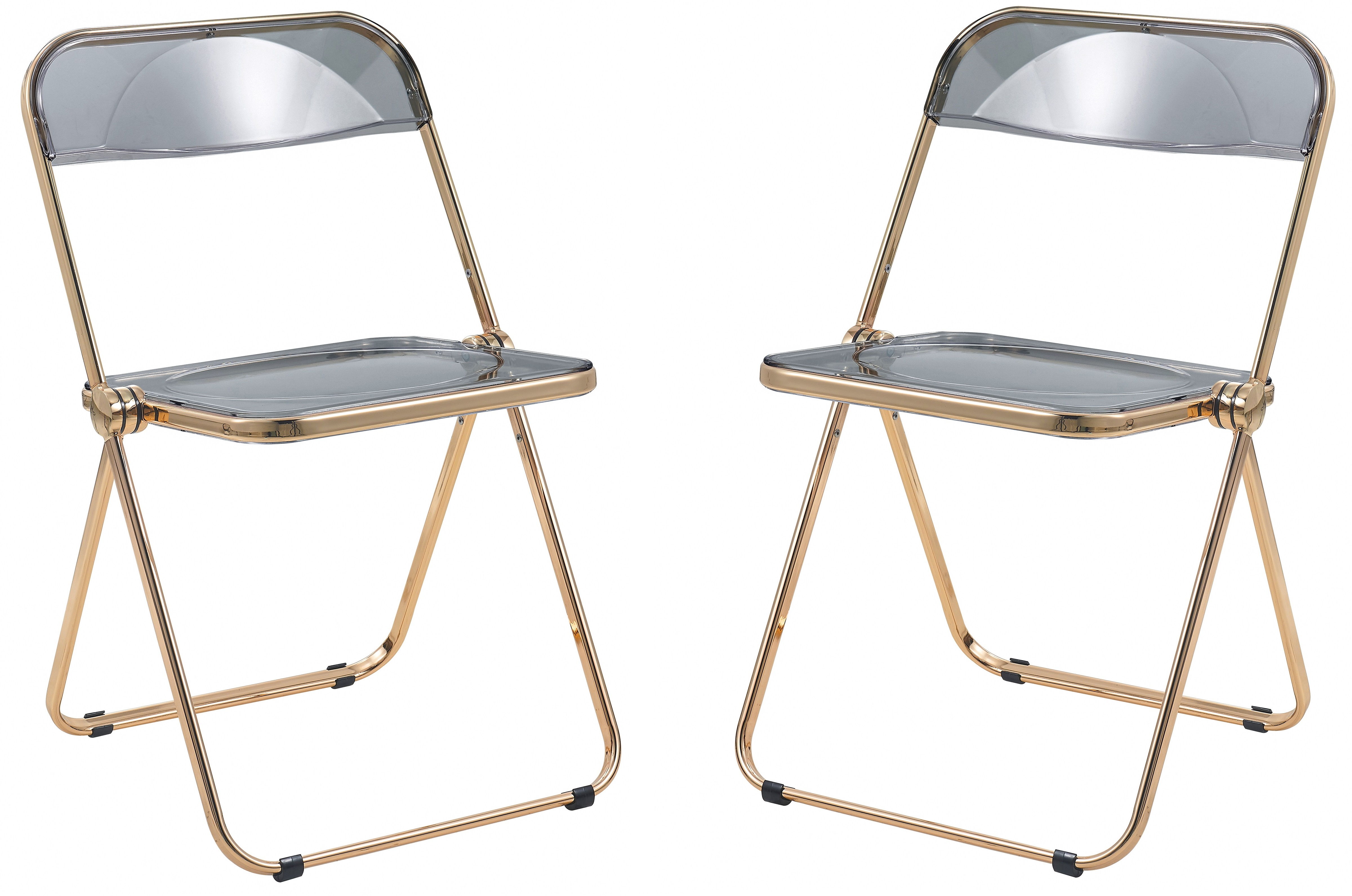 2 LeisureMod Lawrence Transparent Black Folding Chairs with Gold Frame