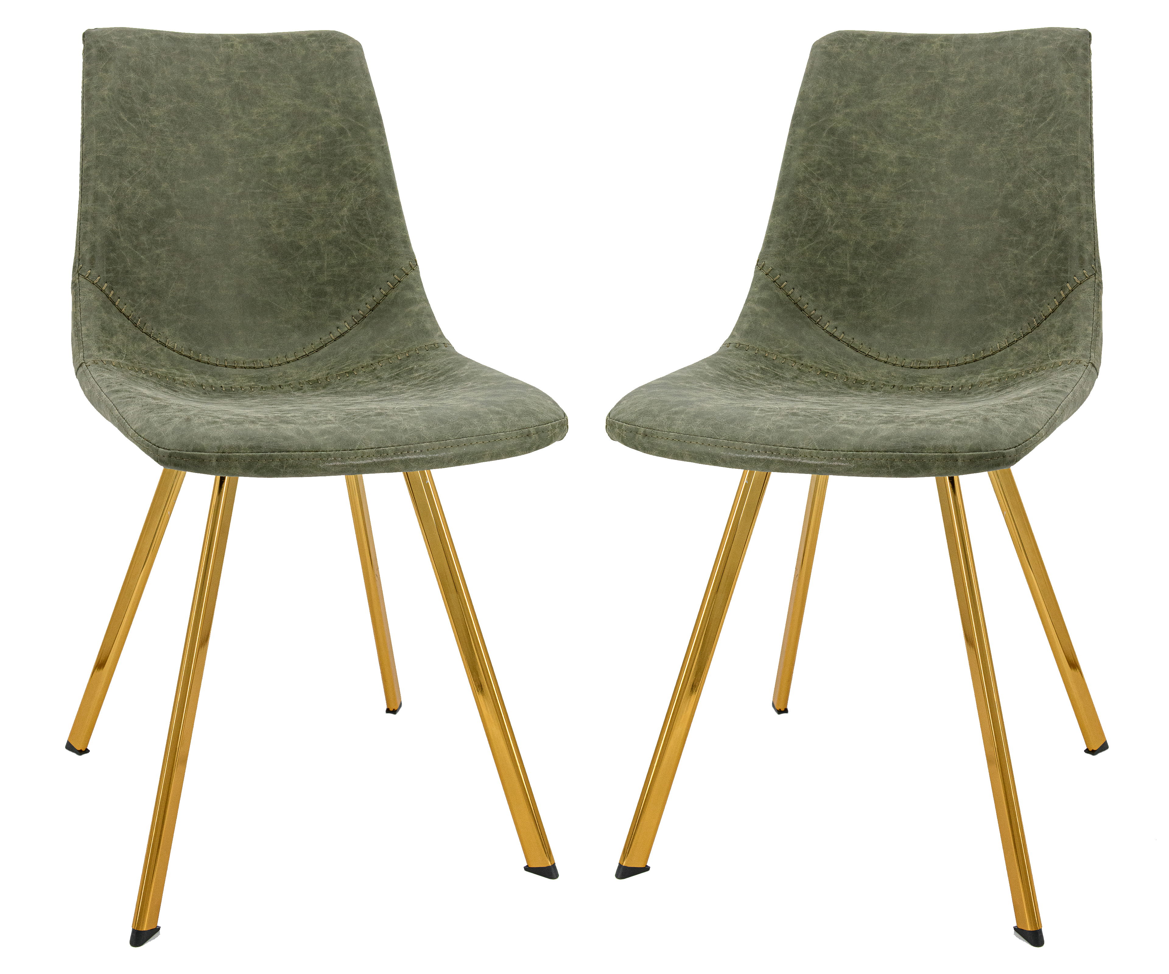 2 LeisureMod Markley Olive Green Leather Dining Chairs with Gold Legs