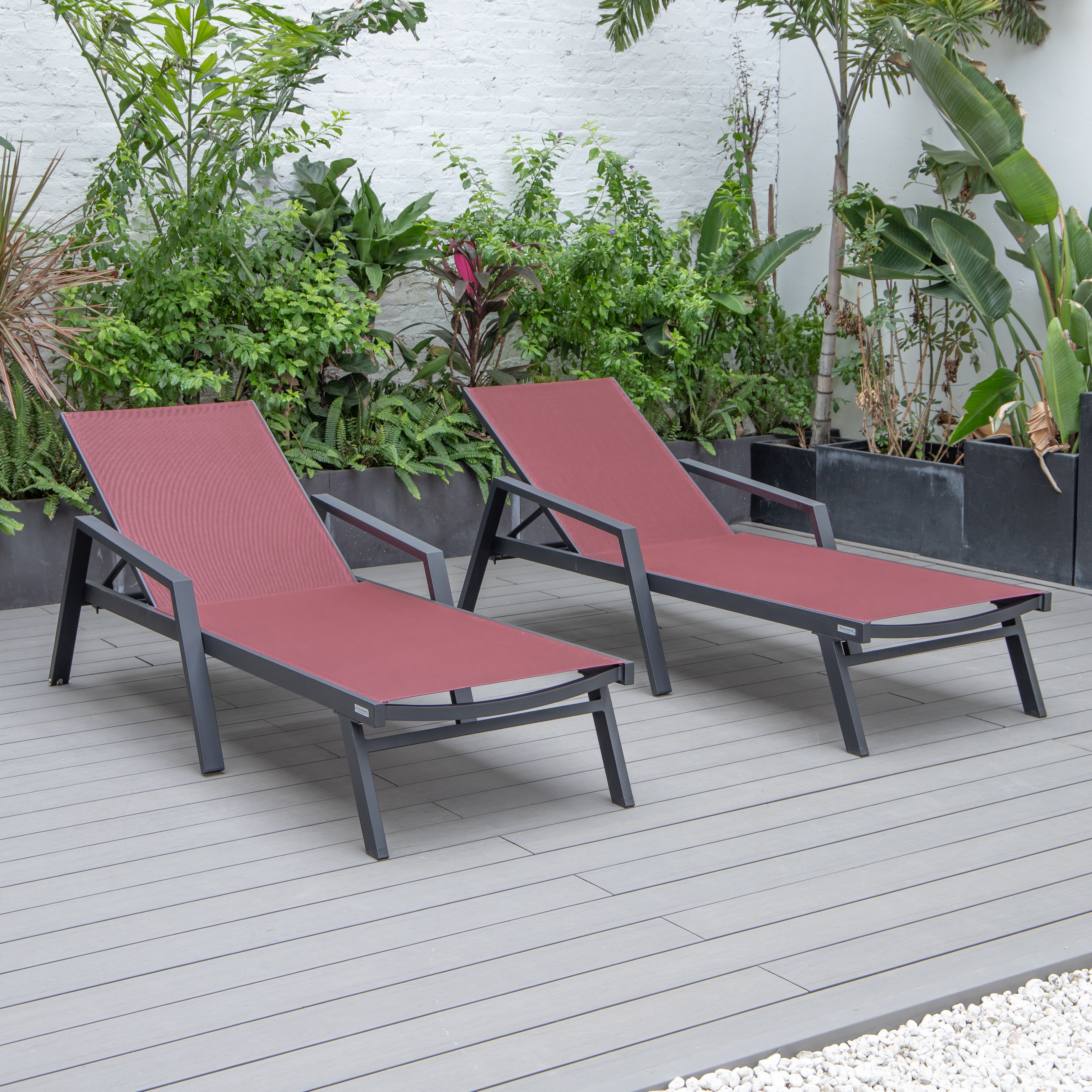2 LeisureMod Marlin Burgundy Black Patio Chaise Lounge Chairs with Armrests
