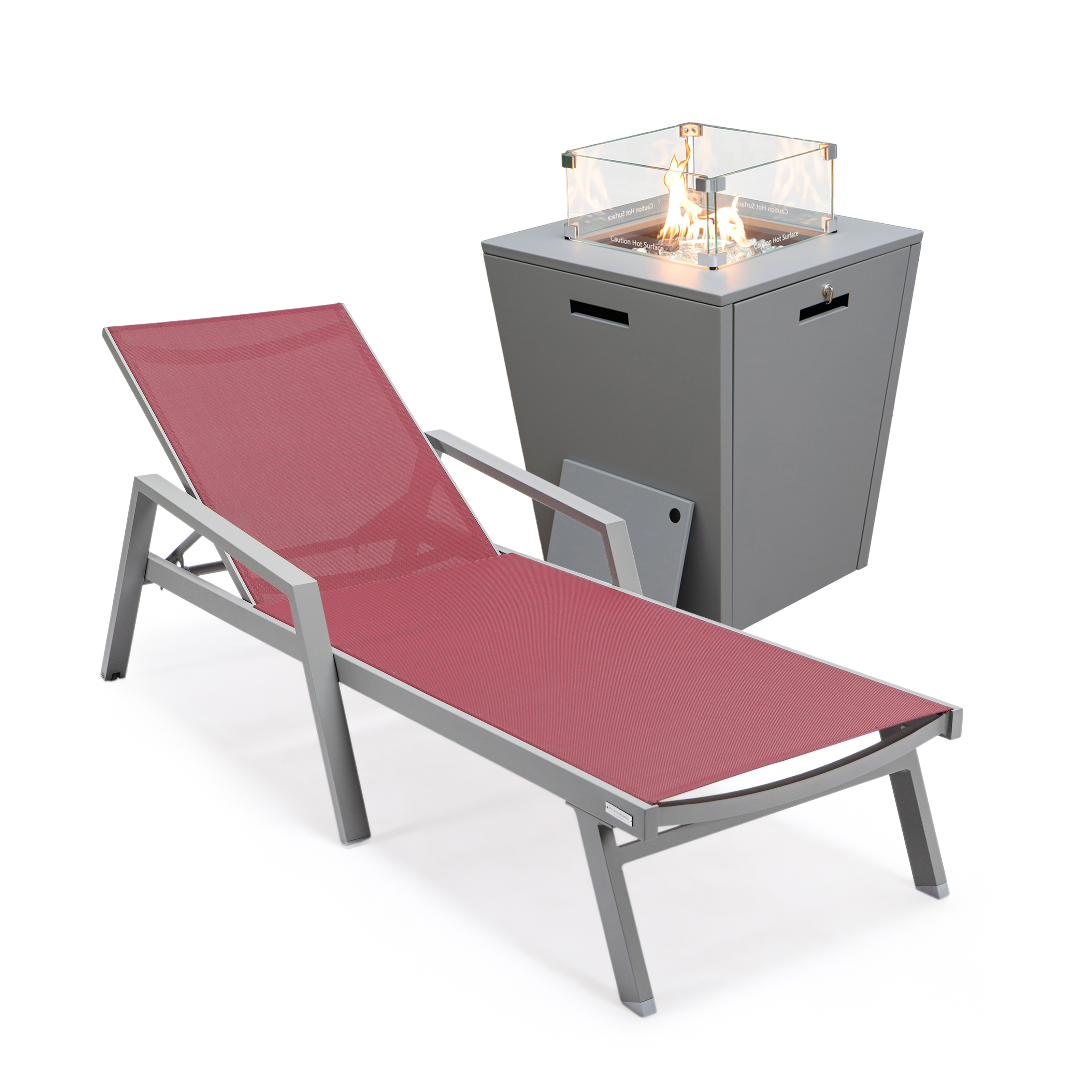 LeisureMod Marlin Burgundy Grey Outdoor Patio Chaise Lounge with Arms and F...