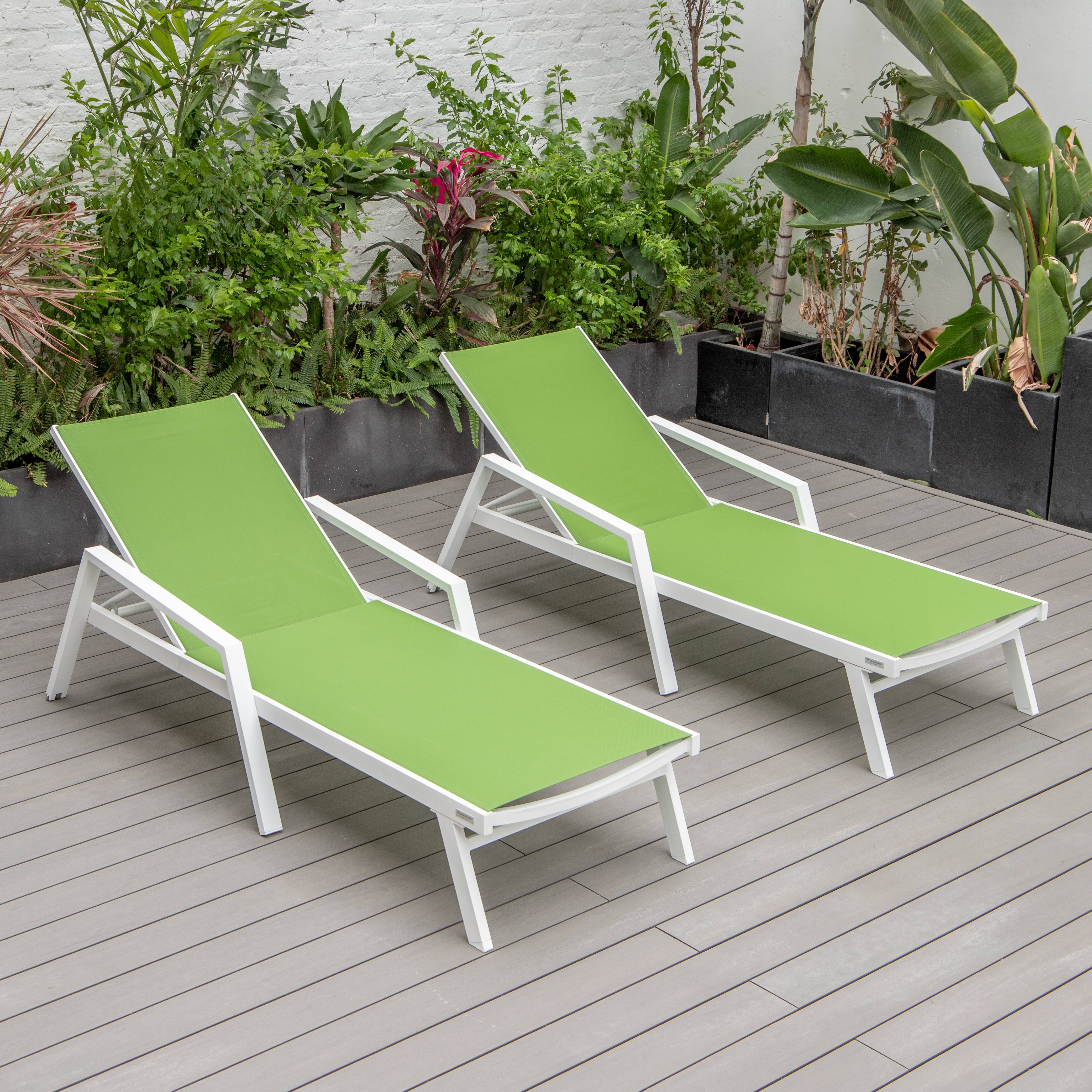 2 LeisureMod Marlin Green White Patio Chaise Lounge Chairs with Armrests